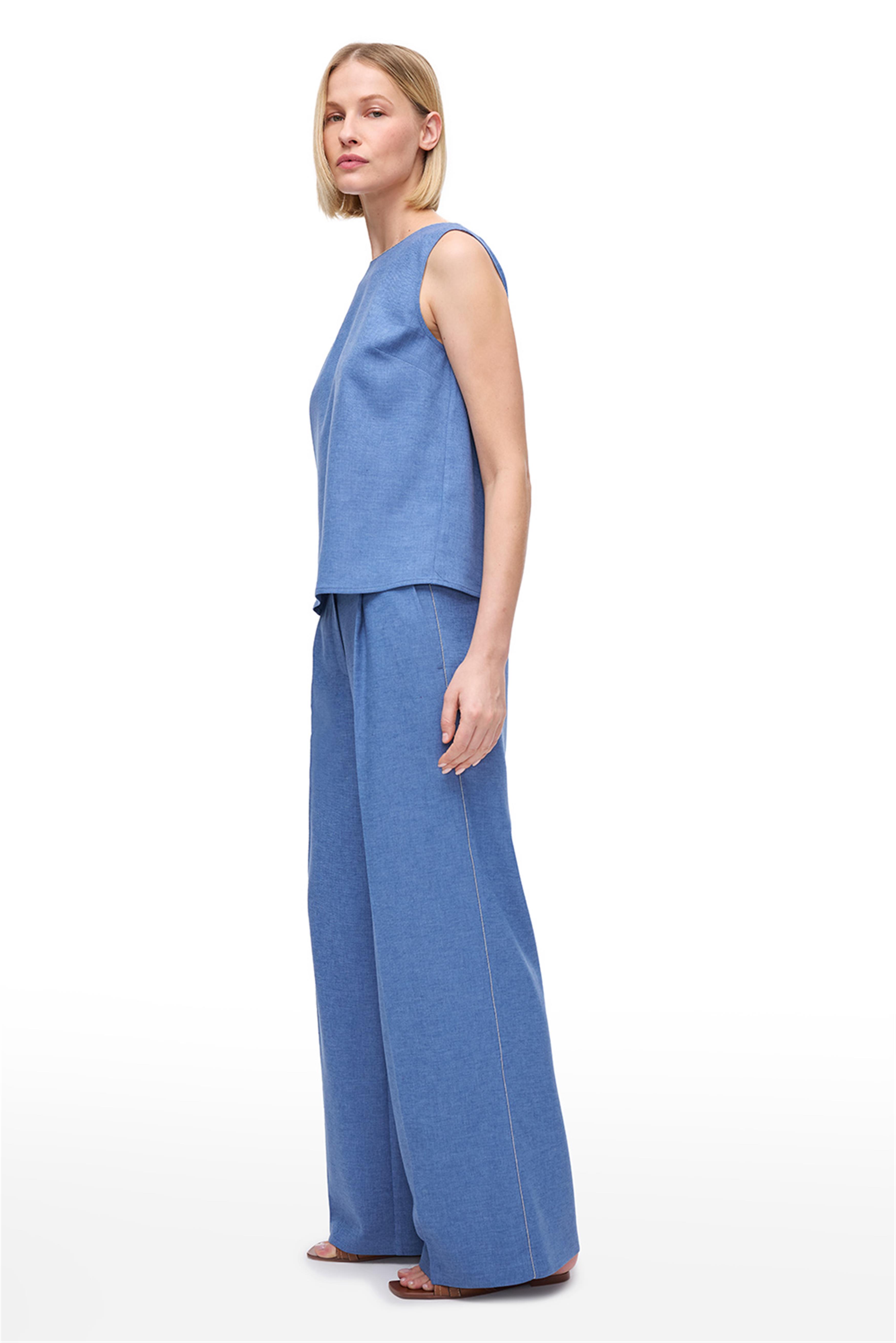 Mavi Yüksek Bel Pamuk Keten Karışımlı Wide Leg Pantolon