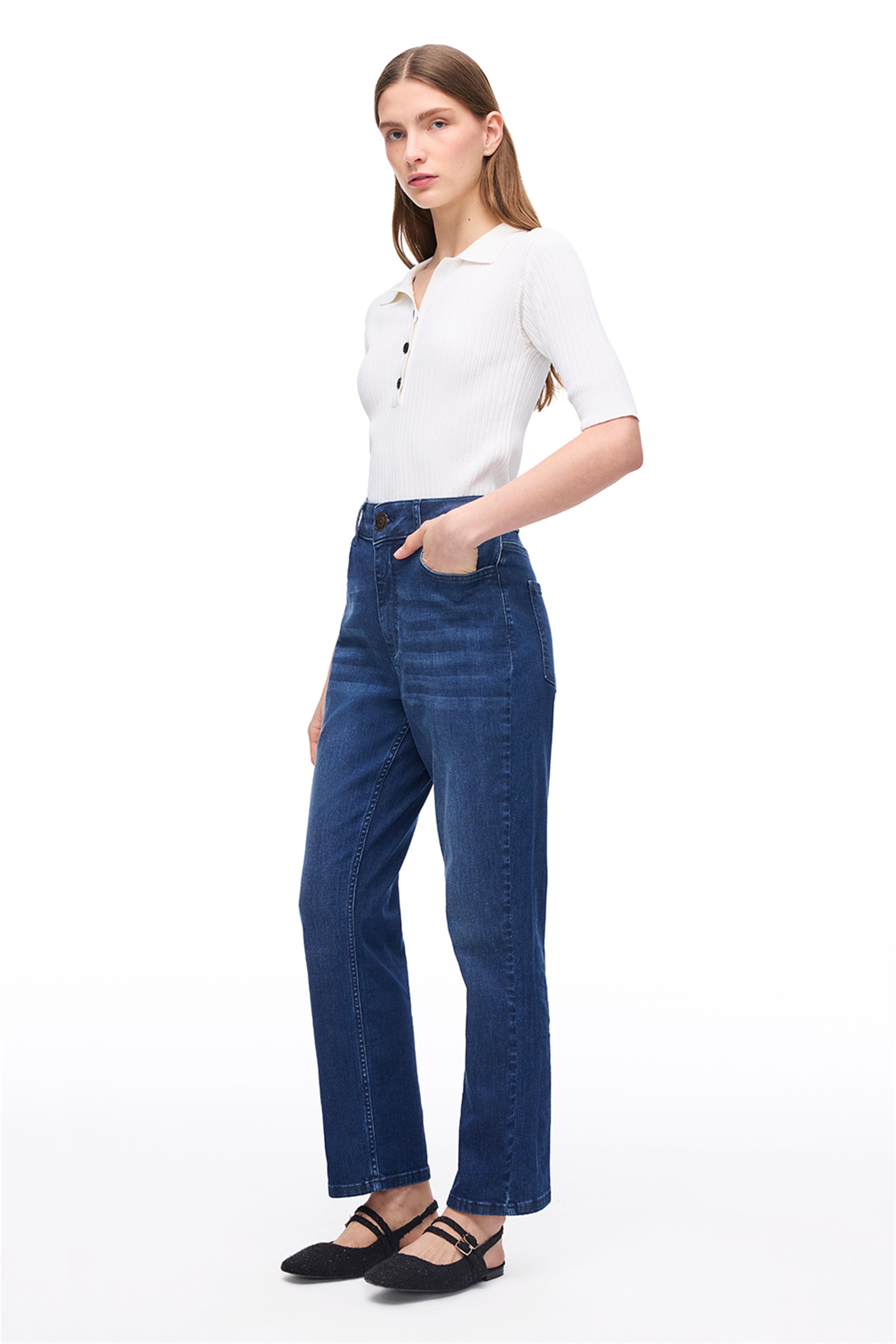 Mavi Yüksek Bel Rahat Kesim Denim Pantolon