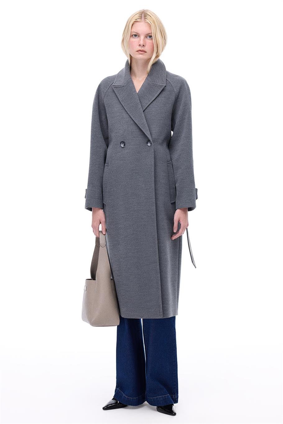 Mona Regular Fit Midi Boy Takma Kol Erkek Yaka Antrasit Renk Kadın Kaban