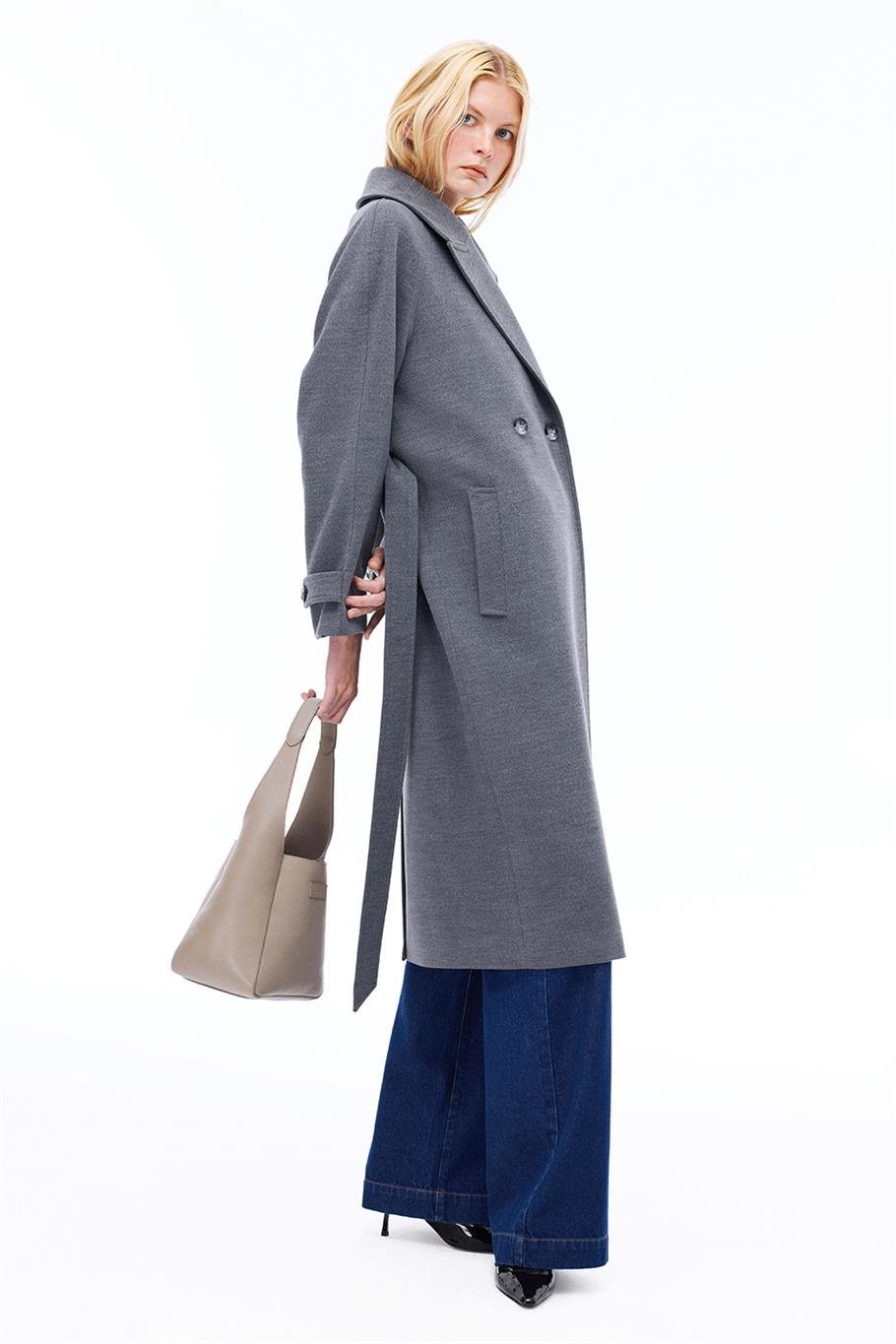 Mona Regular Fit Midi Boy Takma Kol Erkek Yaka Antrasit Renk Kadın Kaban