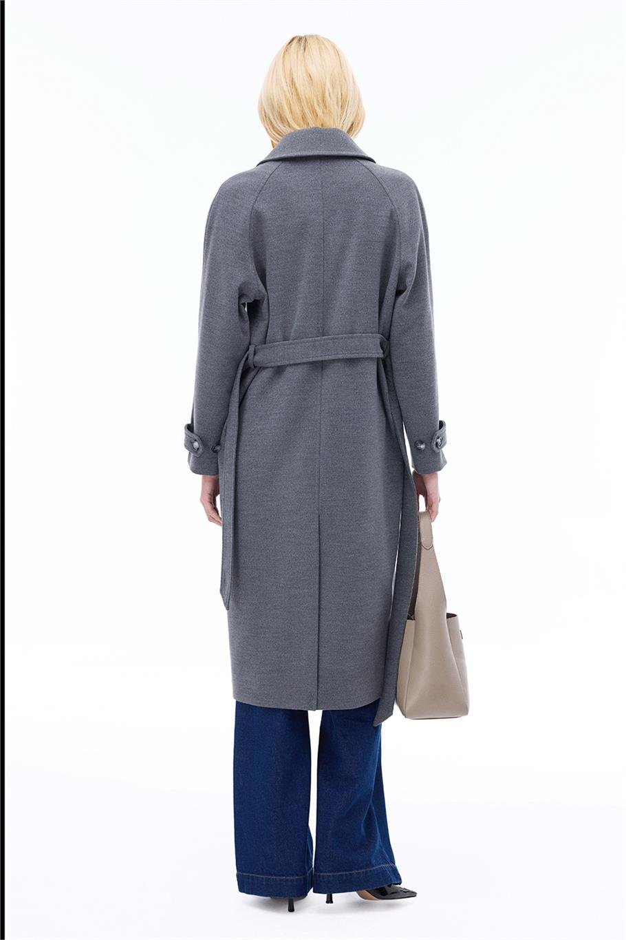 Mona Regular Fit Midi Boy Takma Kol Erkek Yaka Antrasit Renk Kadın Kaban