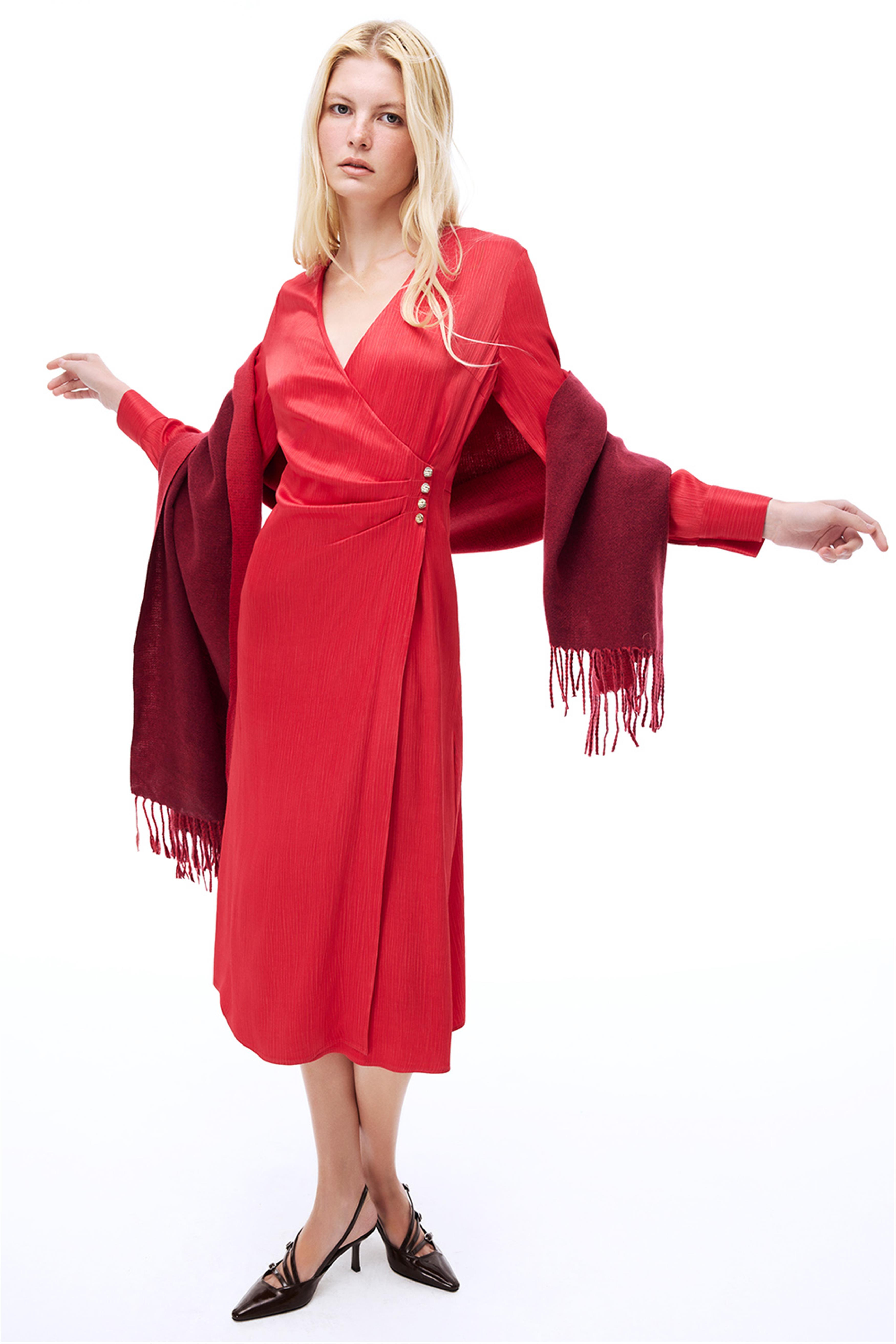 Mudita Regular Fit V-Yaka Kırmızı Renk Elbise