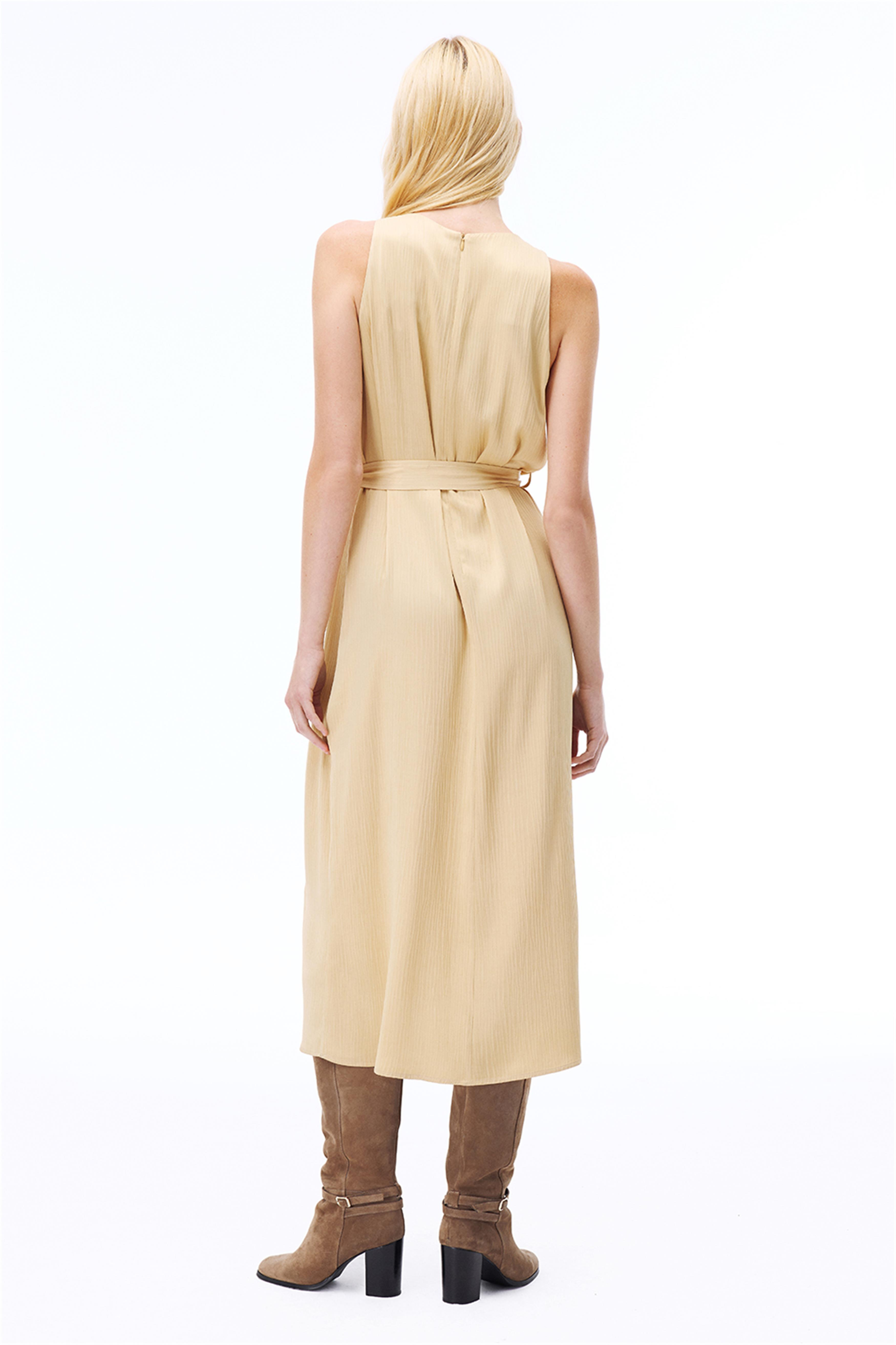 Mudita Slim Fit Bilek Boy Sıfır Kol Bisiklet Yaka Acık deve tuyu Renk Elbise