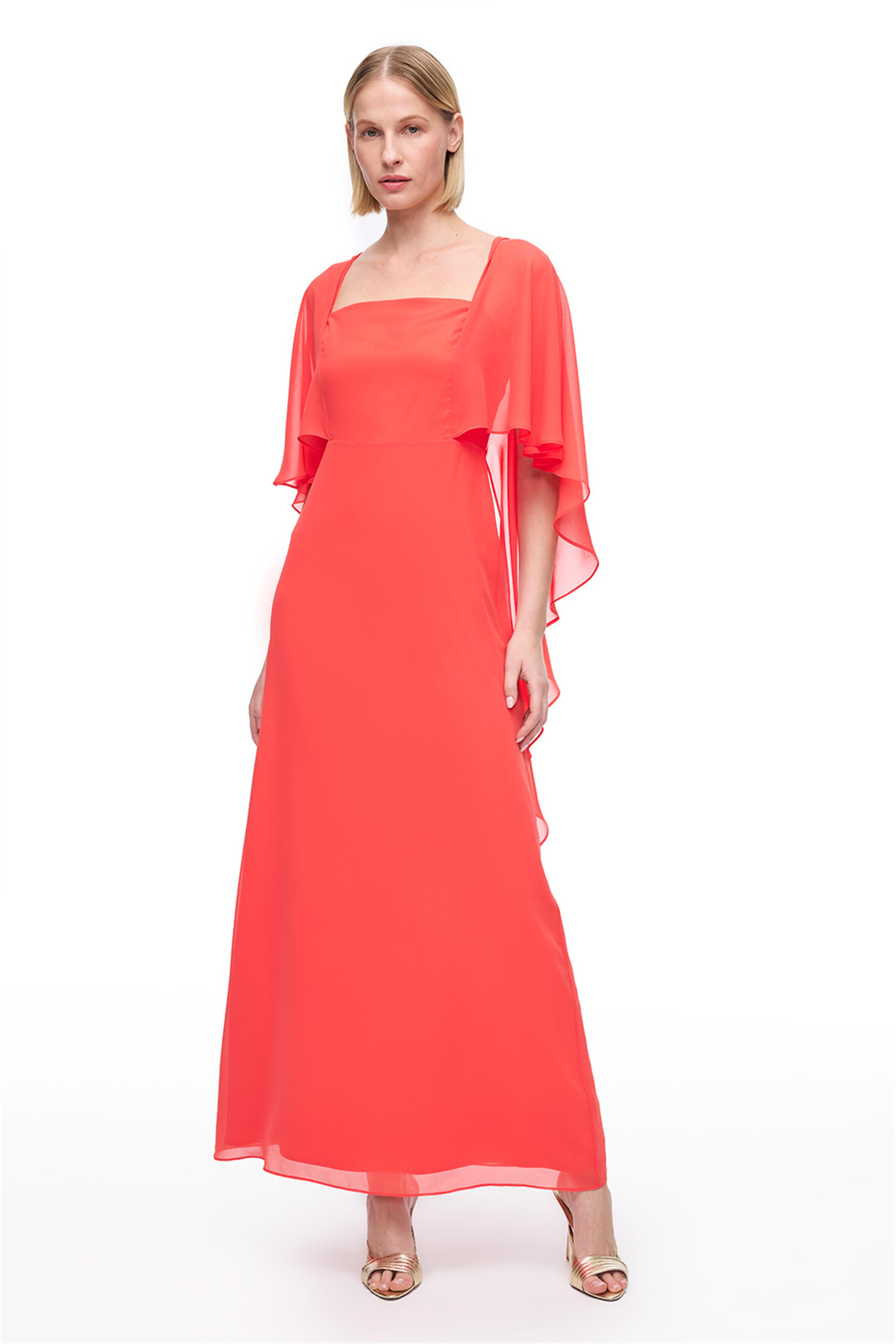 Nar Çiçeği Kare Yaka Kısa Kollu Elbise