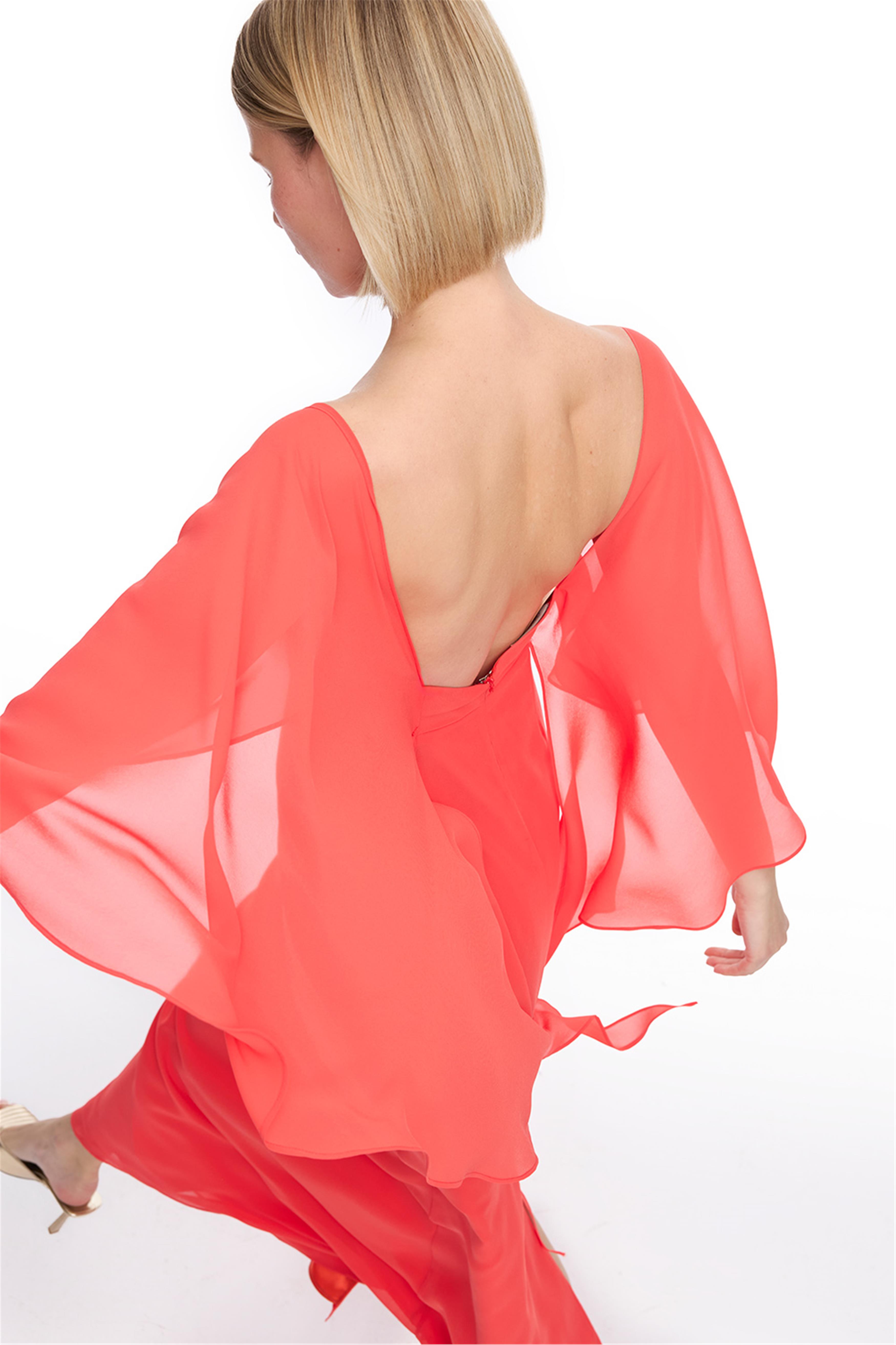 Nar Çiçeği Kare Yaka Kısa Kollu Elbise