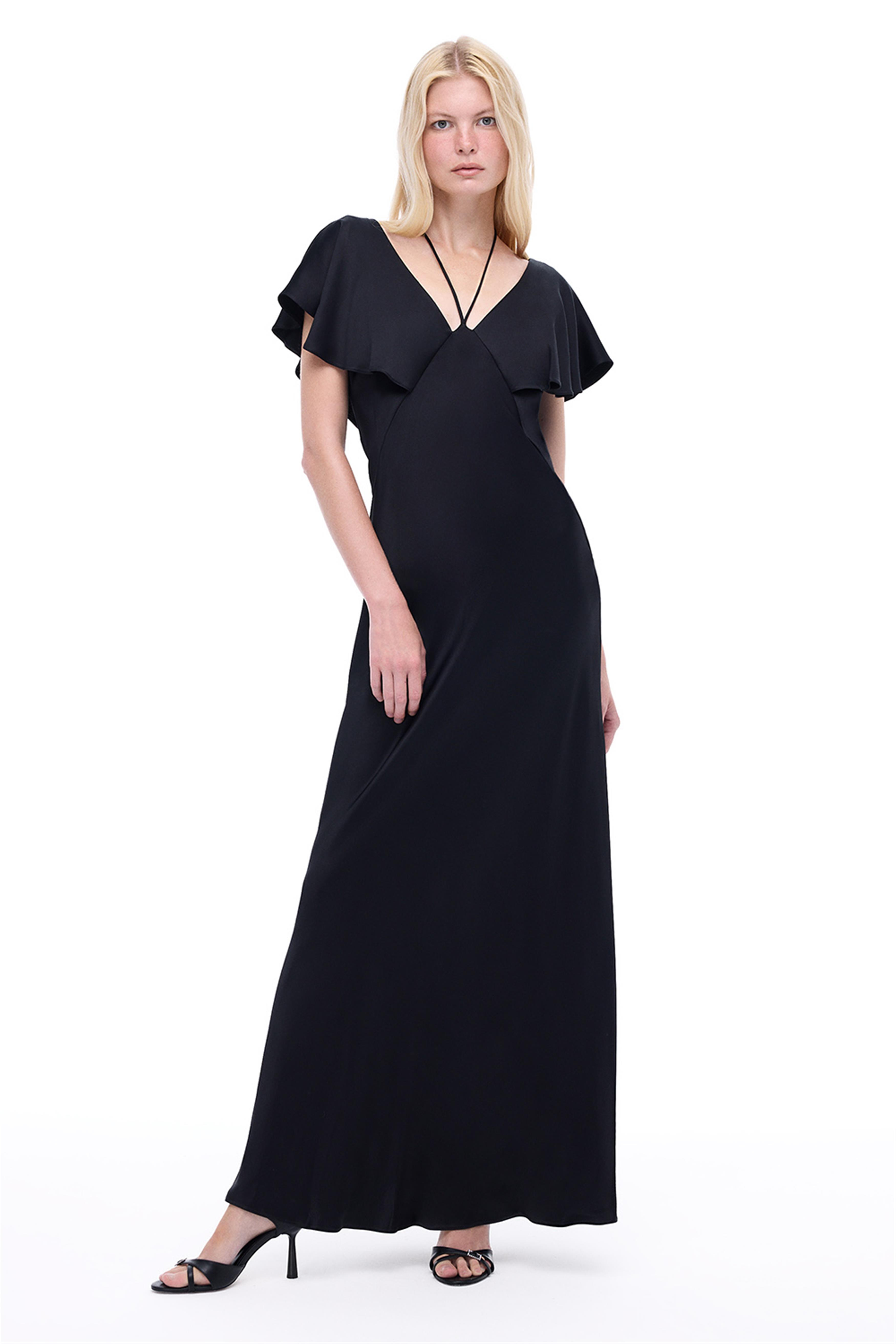 Pandoras Regular Fit Bilek Boy Sıfır Kol V-Yaka Siyah Elbise