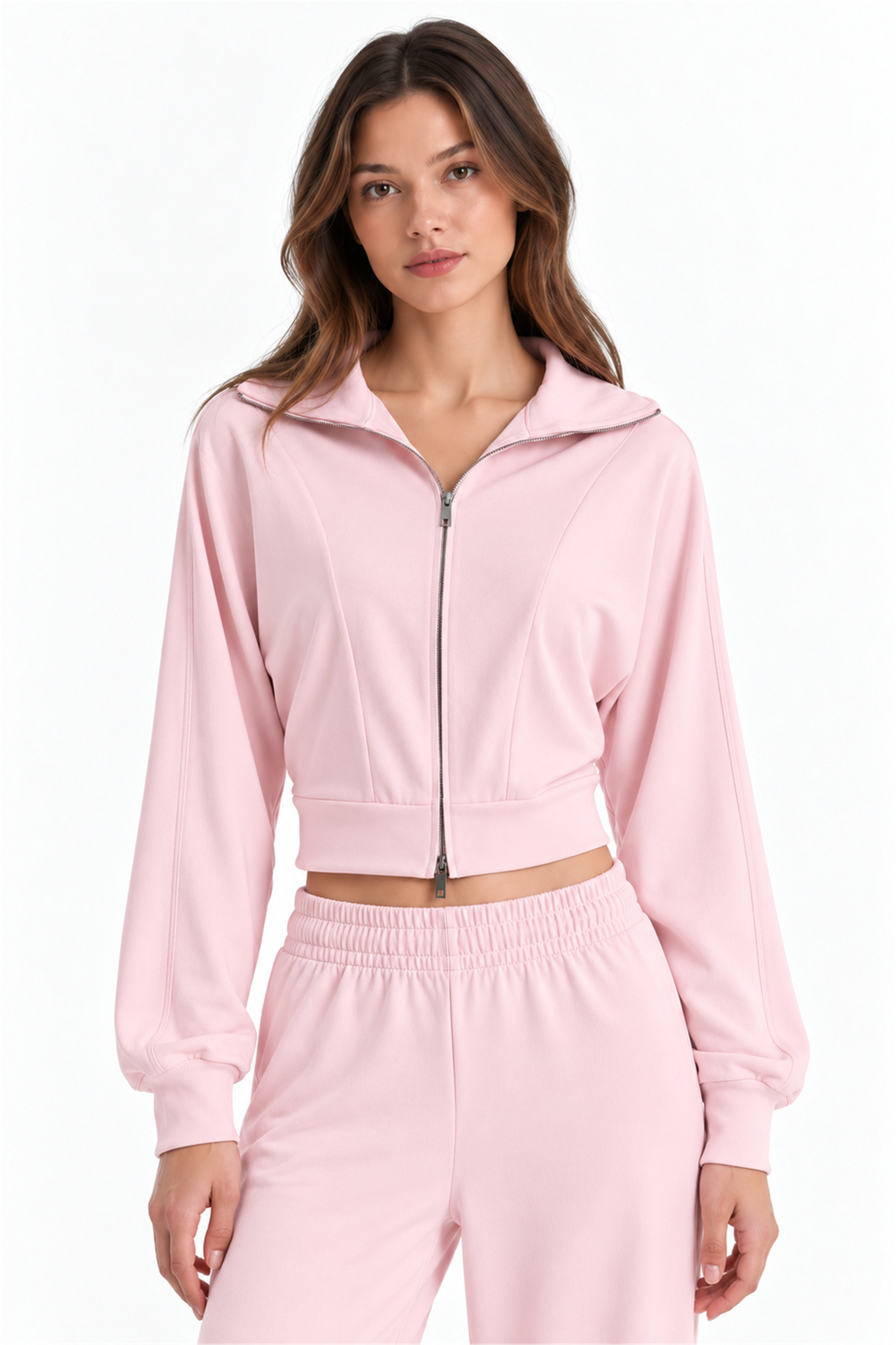 Pembe Fermuarlı Crop Eşofman Takımı