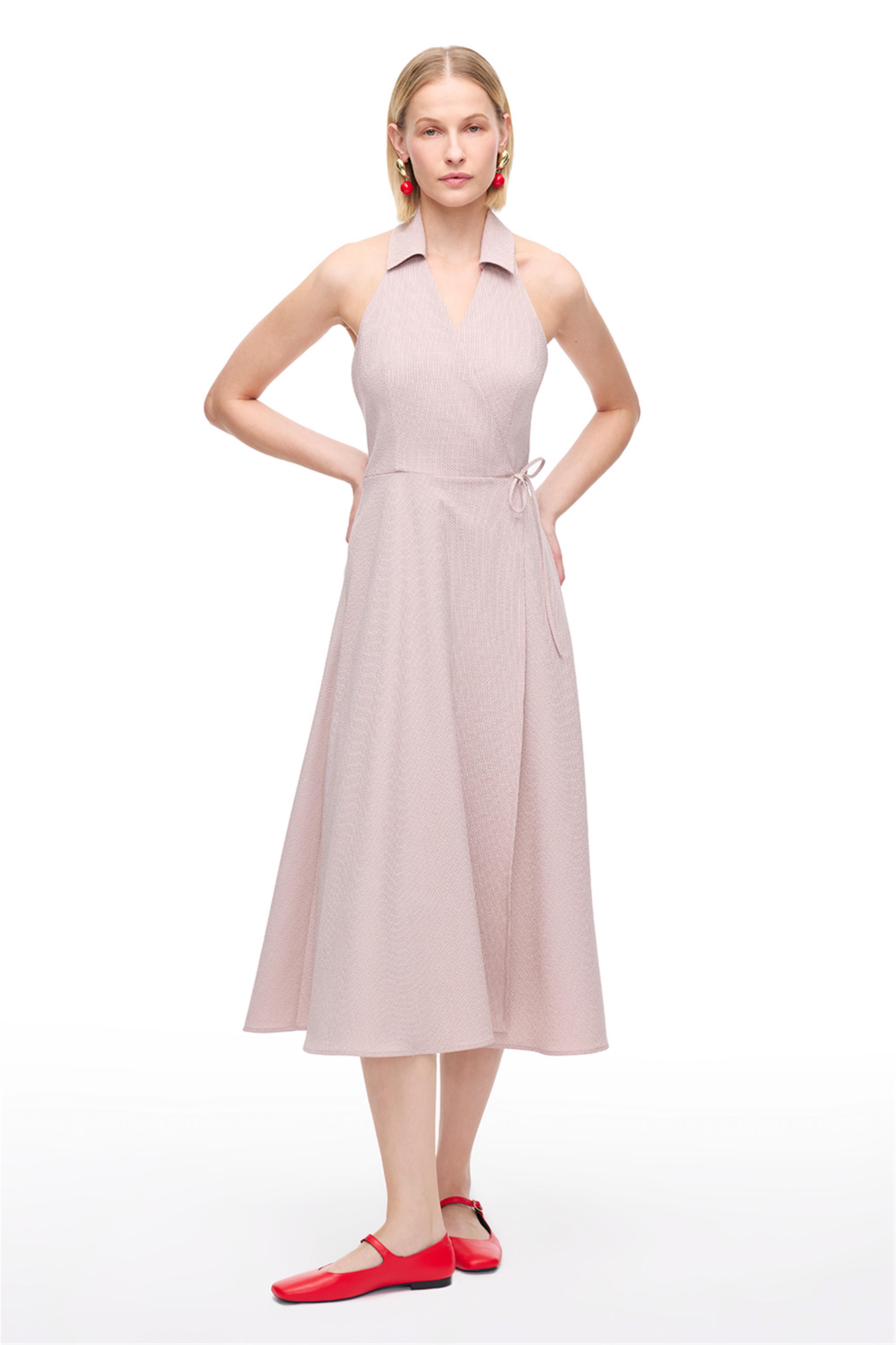 Pembe Gömlek Yaka Midi Elbise