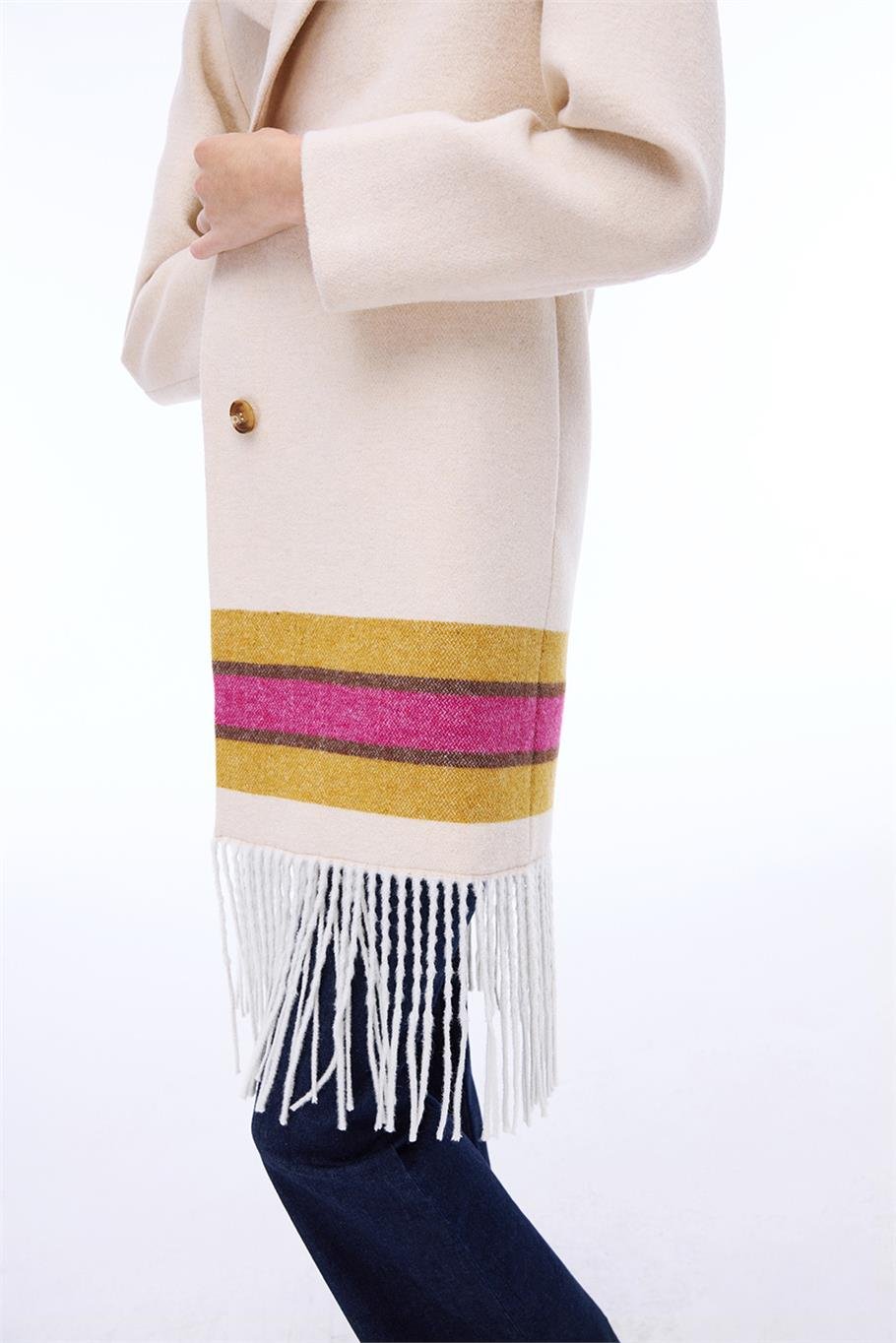 Pleasant Rahat Kalıp Diz Boy Ceket Yaka Bej Renk Kadın Kaban