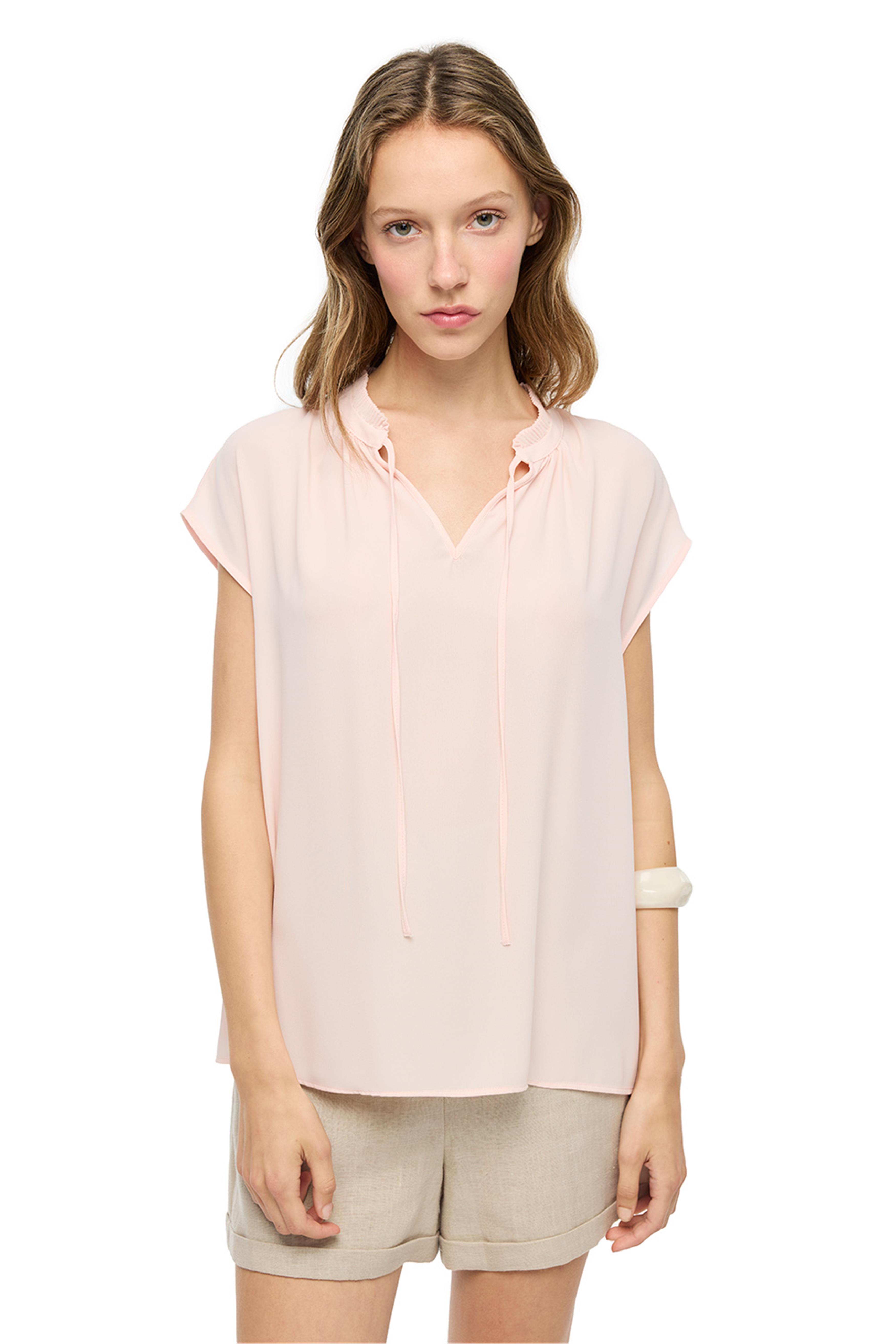 Pudra V-Yaka Düşük Kollu Bağcık Detaylı Bluz