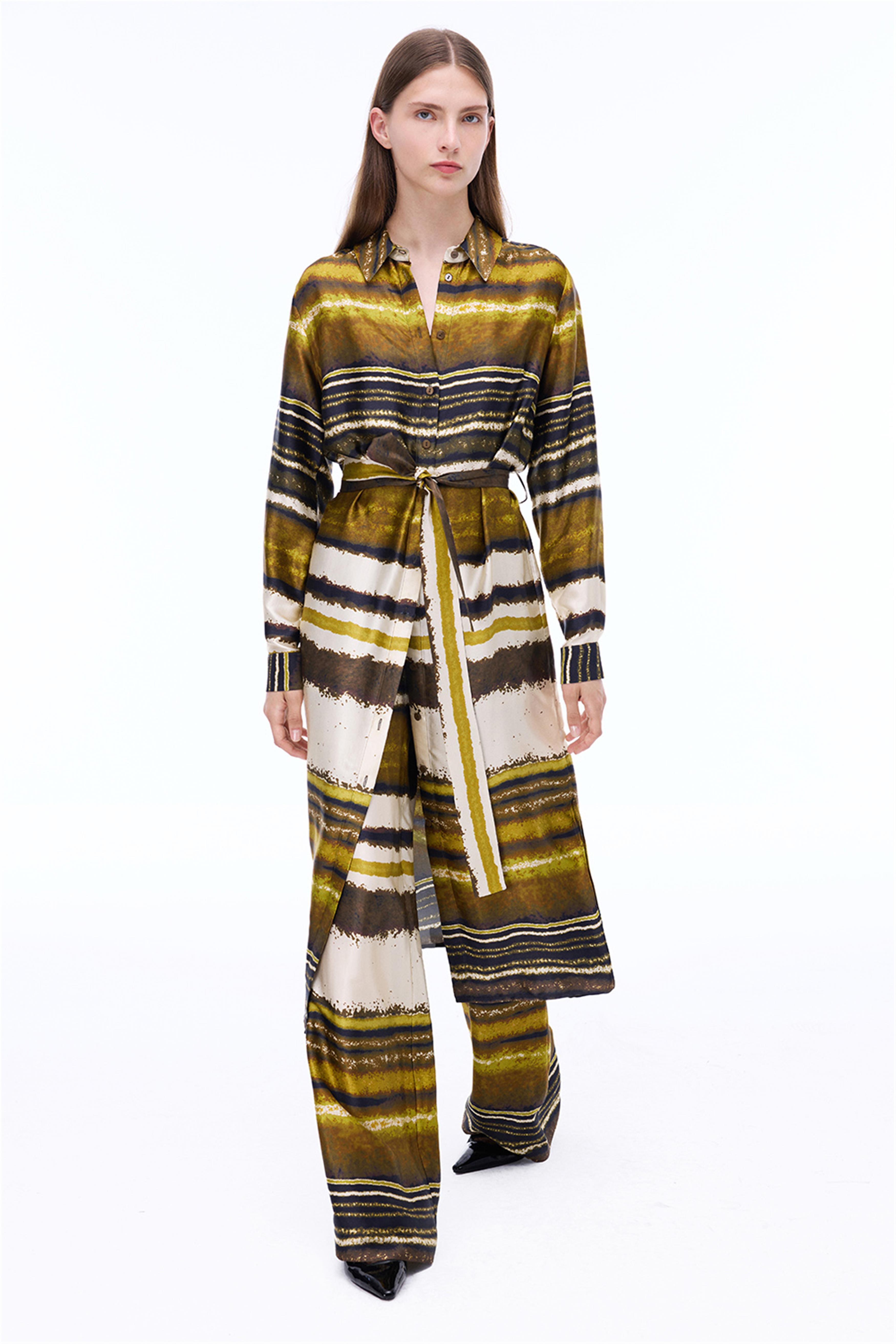 Retro Rahat Kalıp Midi Boy Takma Kol Gömlek Yaka Çok Renkli Elbise