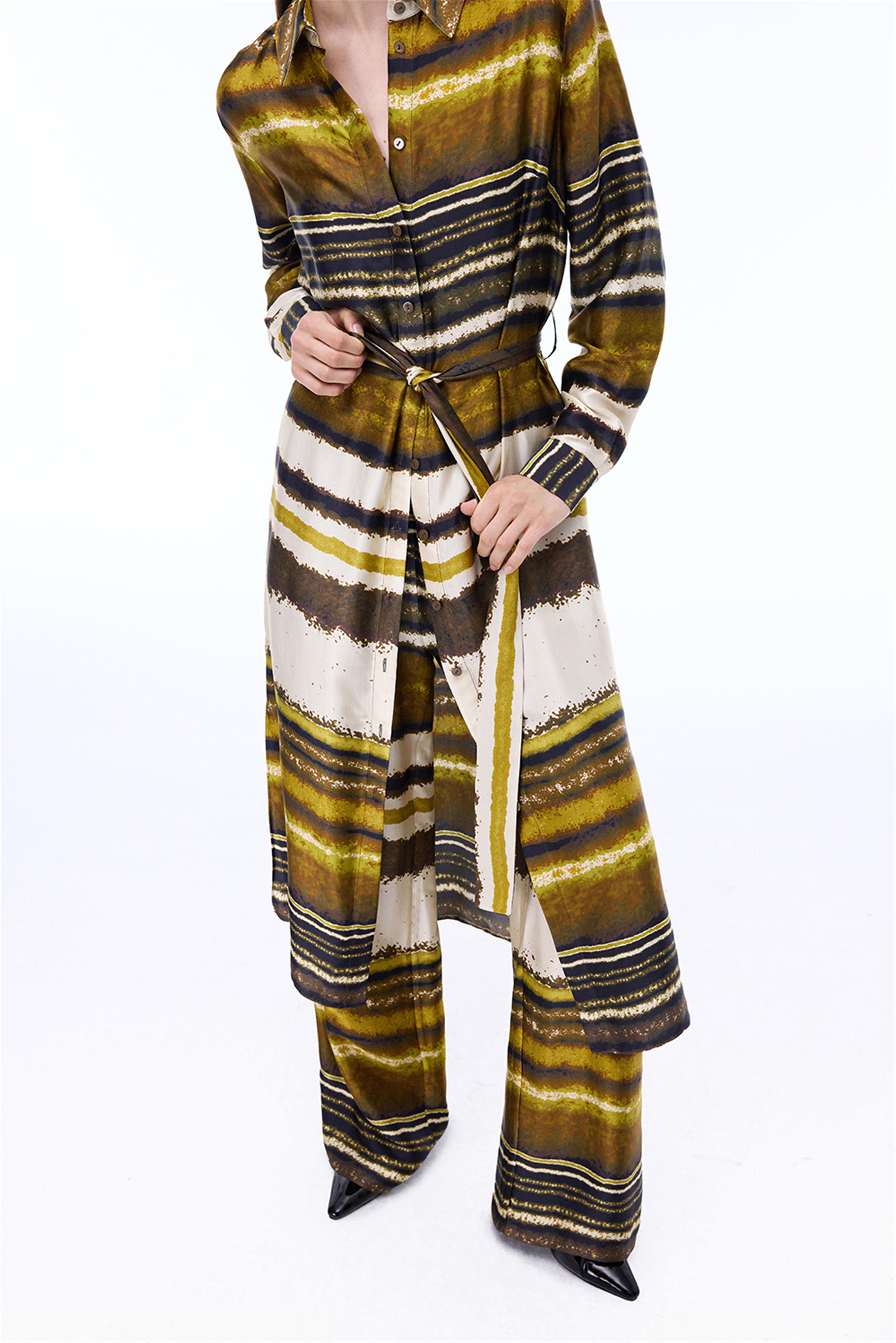 Retro Rahat Kalıp Midi Boy Takma Kol Gömlek Yaka Çok Renkli Elbise