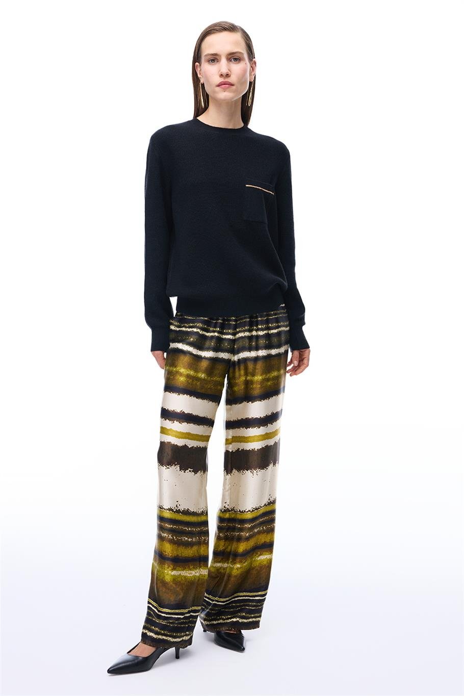 Retro Regular Fit Geometrik Desenli Uzun Boy Geniş Paça Çok Renkli Kadın Pantolon