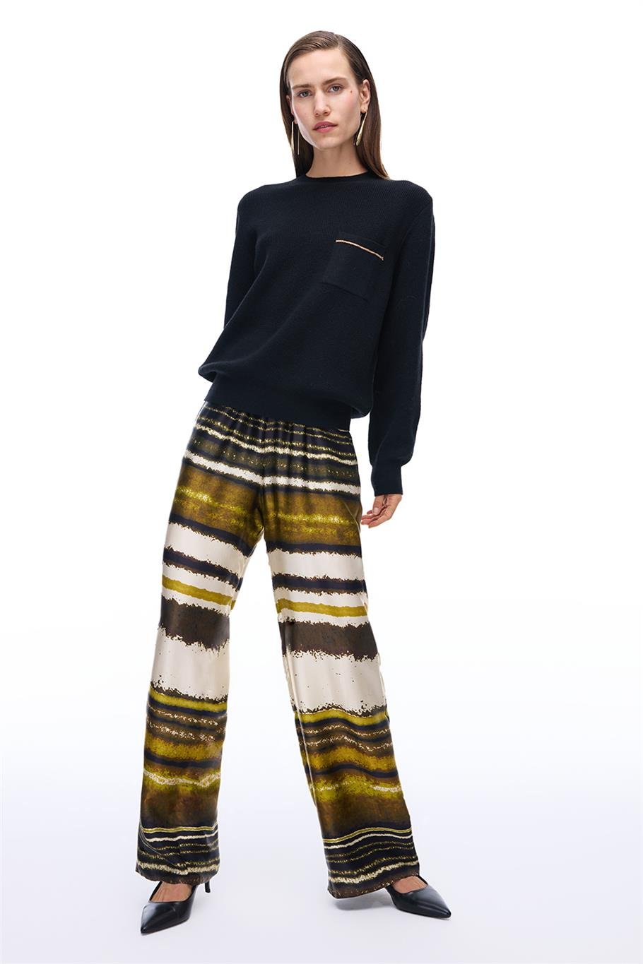 Retro Regular Fit Geometrik Desenli Uzun Boy Geniş Paça Çok Renkli Kadın Pantolon