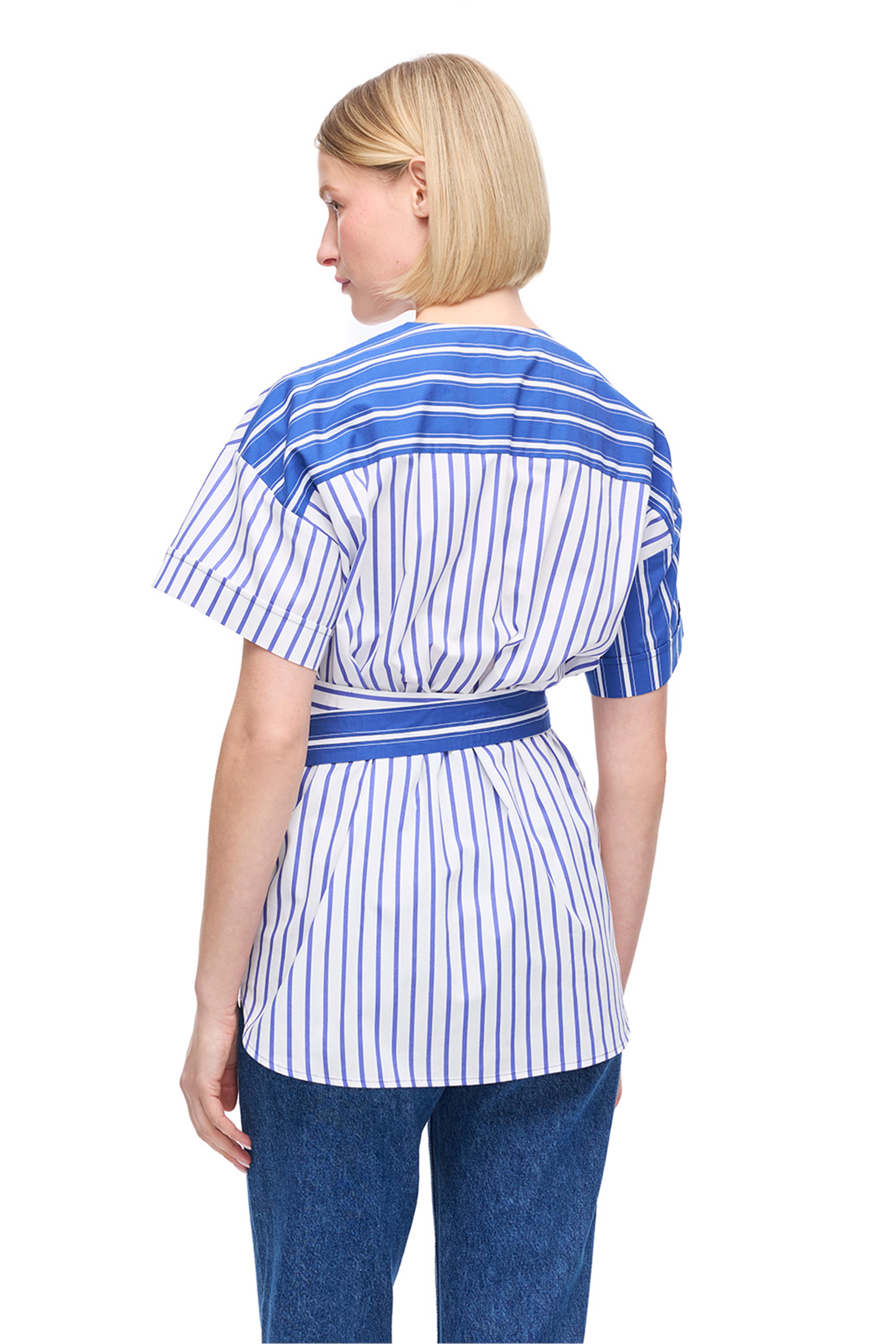 Saks Asimetrik Bağlama Detaylı Çizgili Gömlek