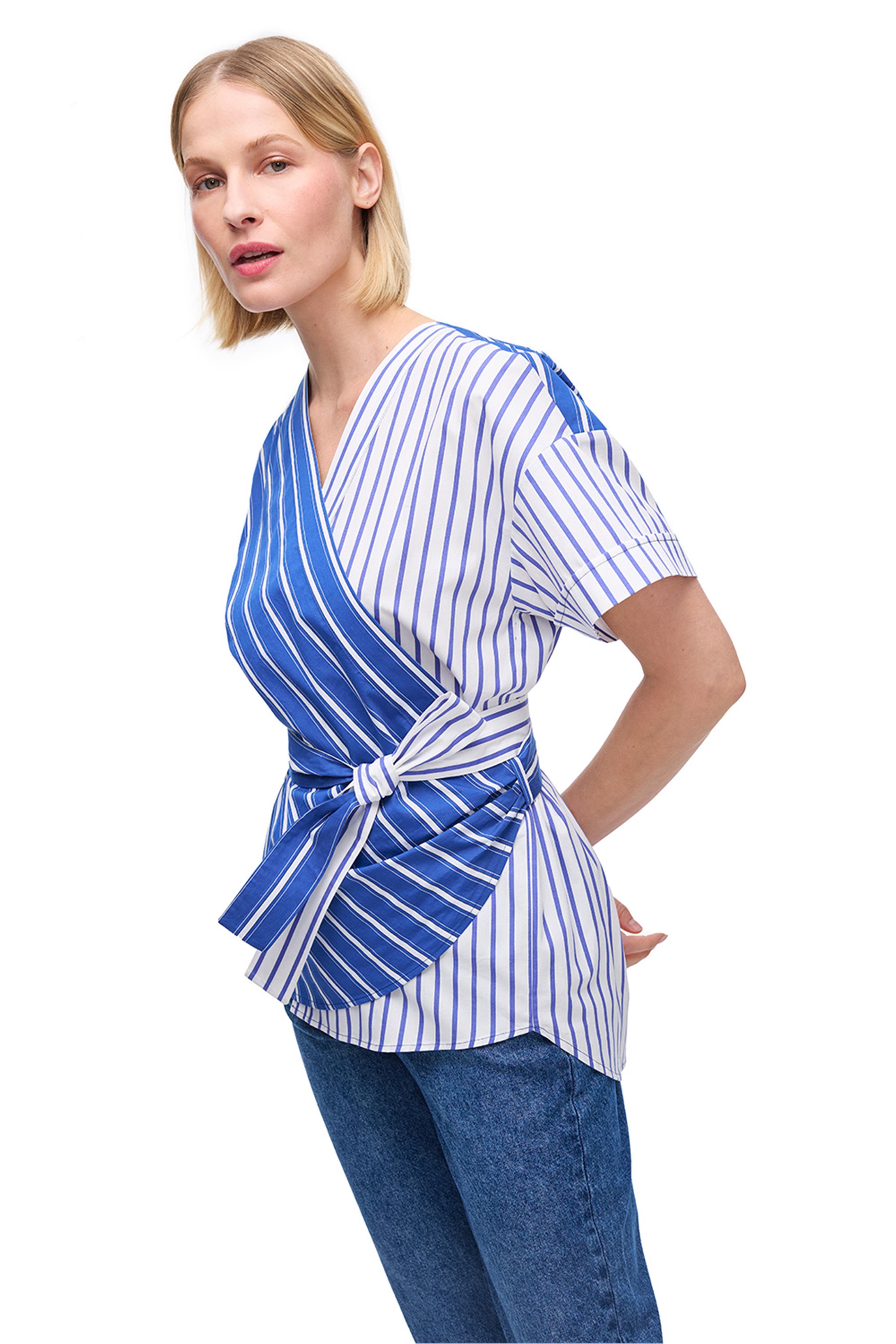 Saks Asimetrik Bağlama Detaylı Çizgili Gömlek