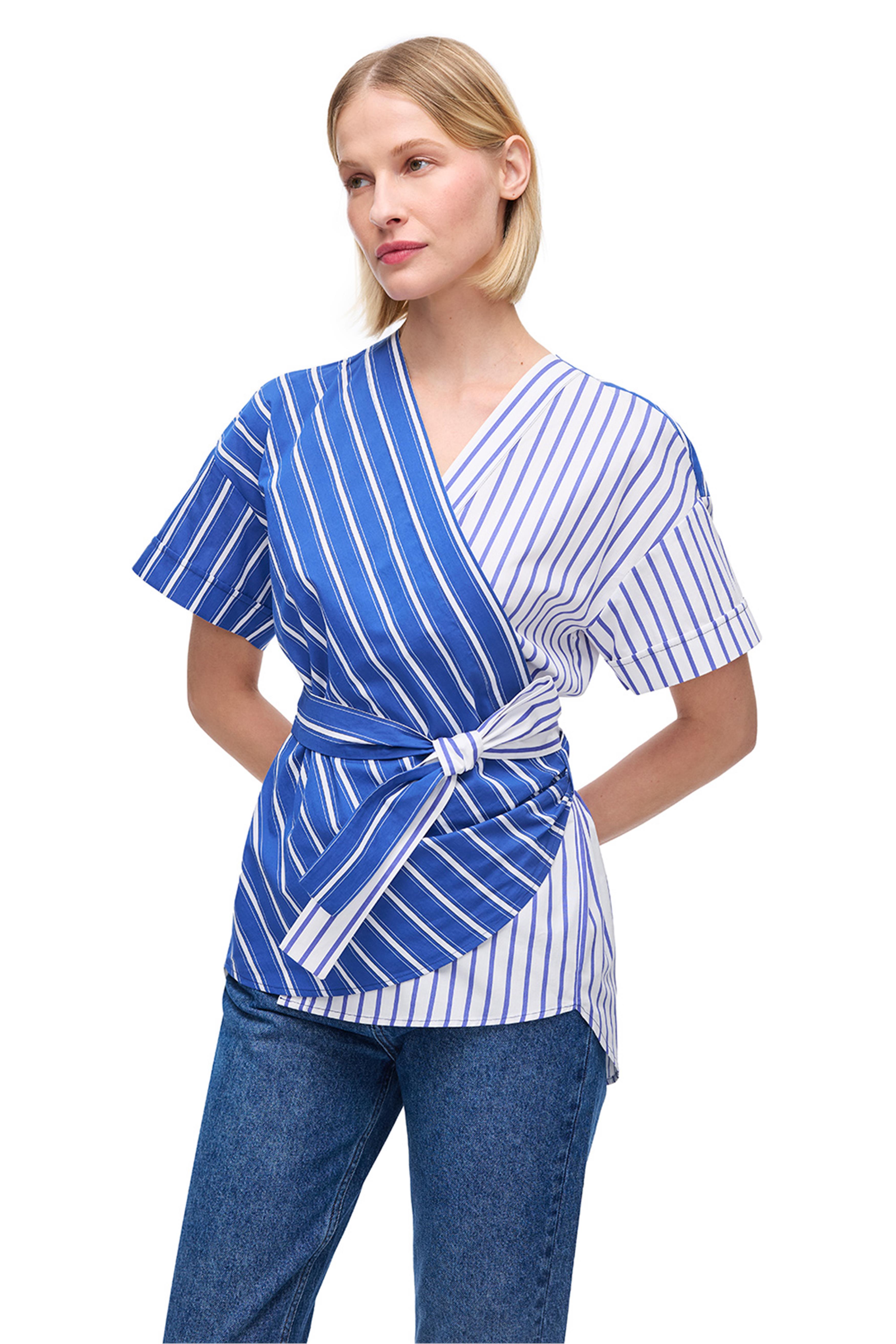 Saks Asimetrik Bağlama Detaylı Çizgili Gömlek