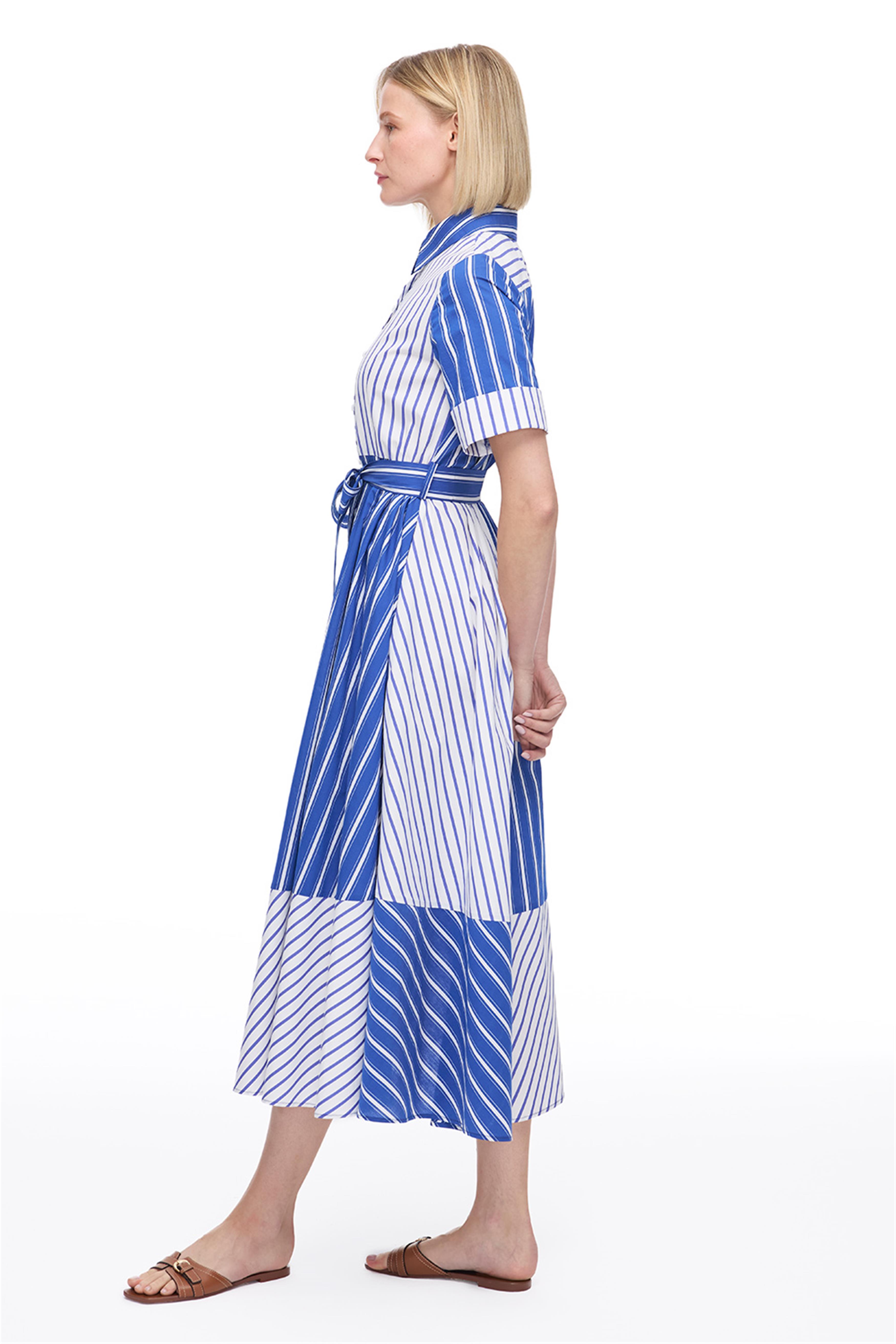 Saks Çizgili Düğmeli Uzun Elbise