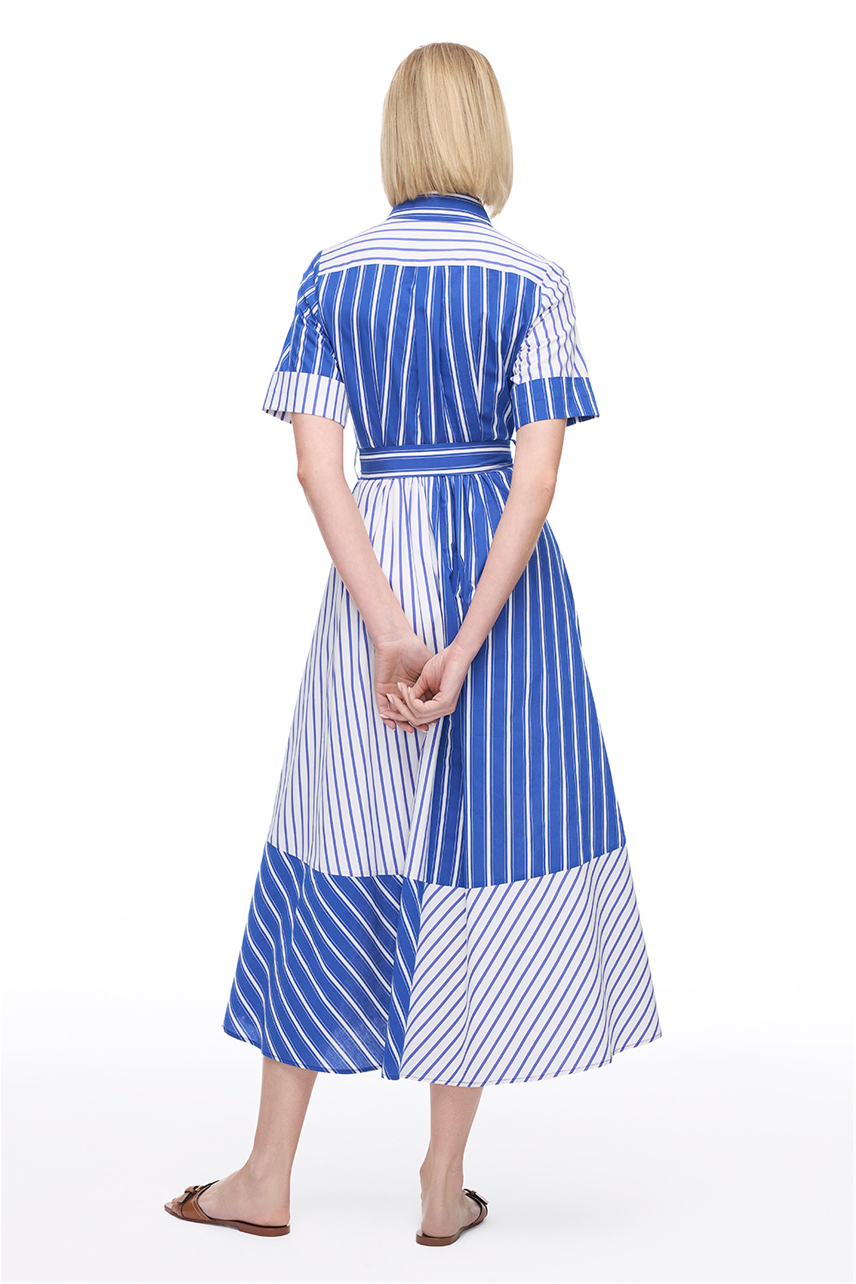 Saks Çizgili Düğmeli Uzun Elbise