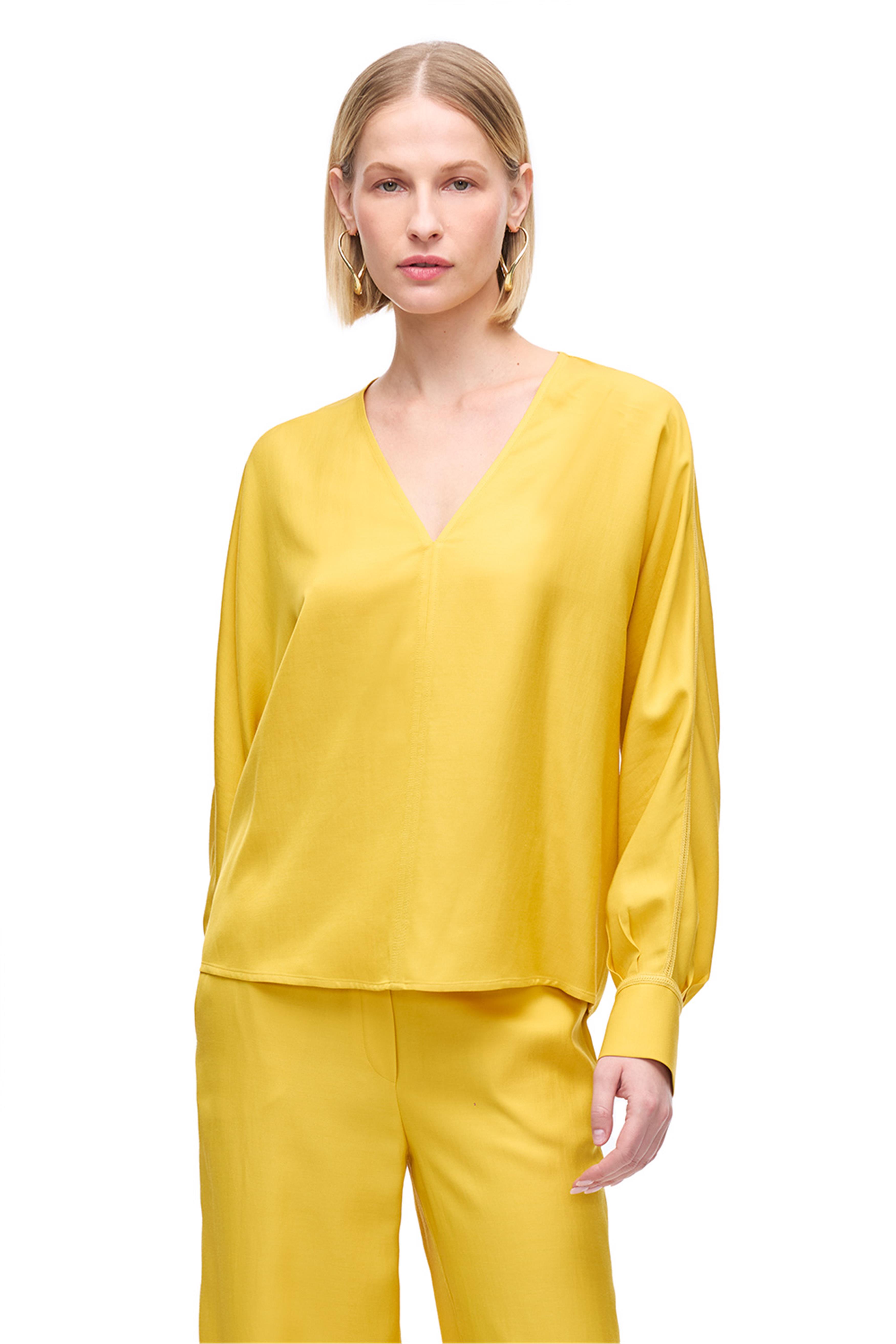 Sarı Gömlek Yaka Uzun Kollu İpek Karışımlı Bluz