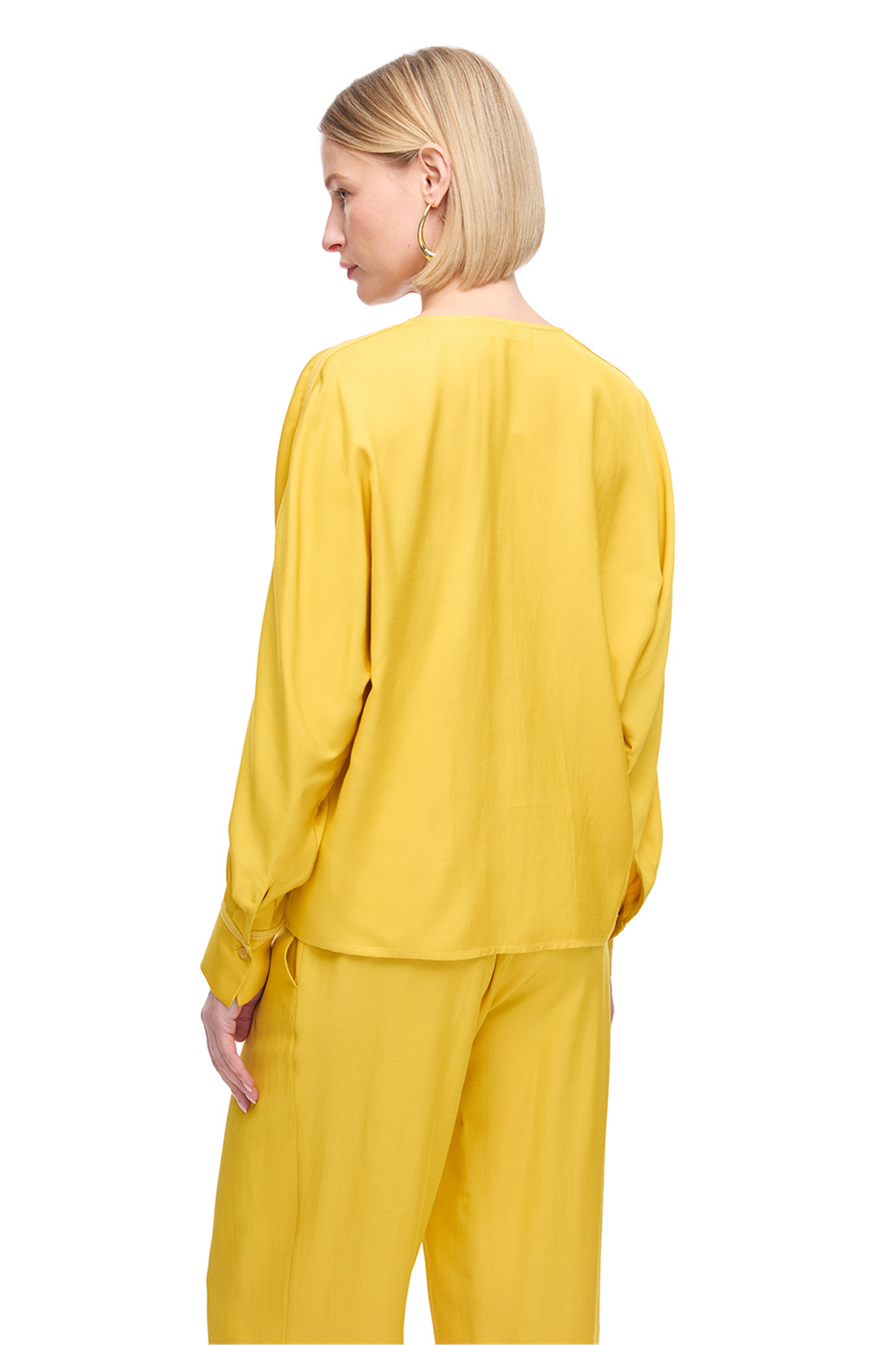 Sarı Gömlek Yaka Uzun Kollu İpek Karışımlı Bluz