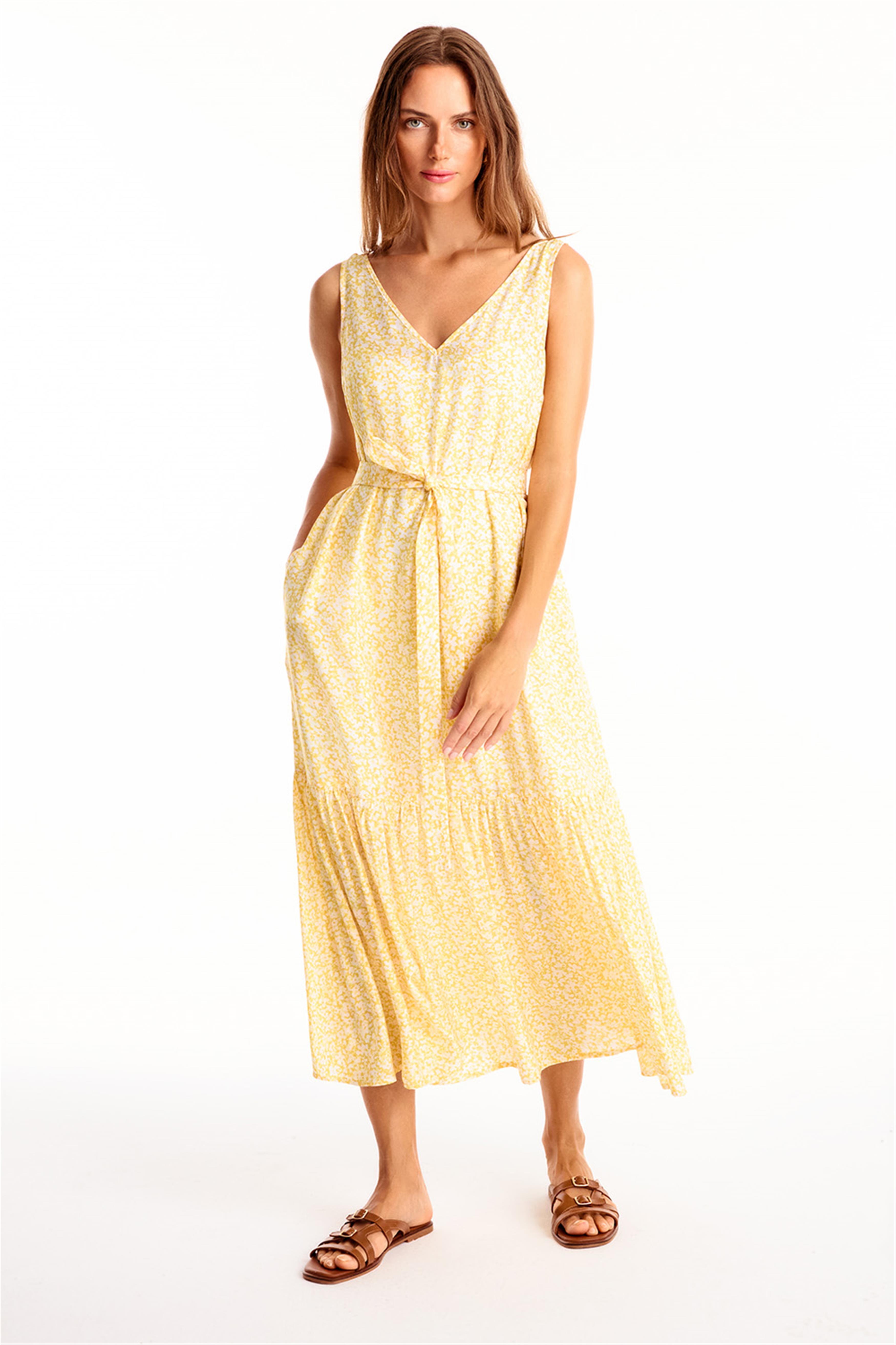 Sari Heart Rahat Kalıp Çiçekli Midi Boy Elbise