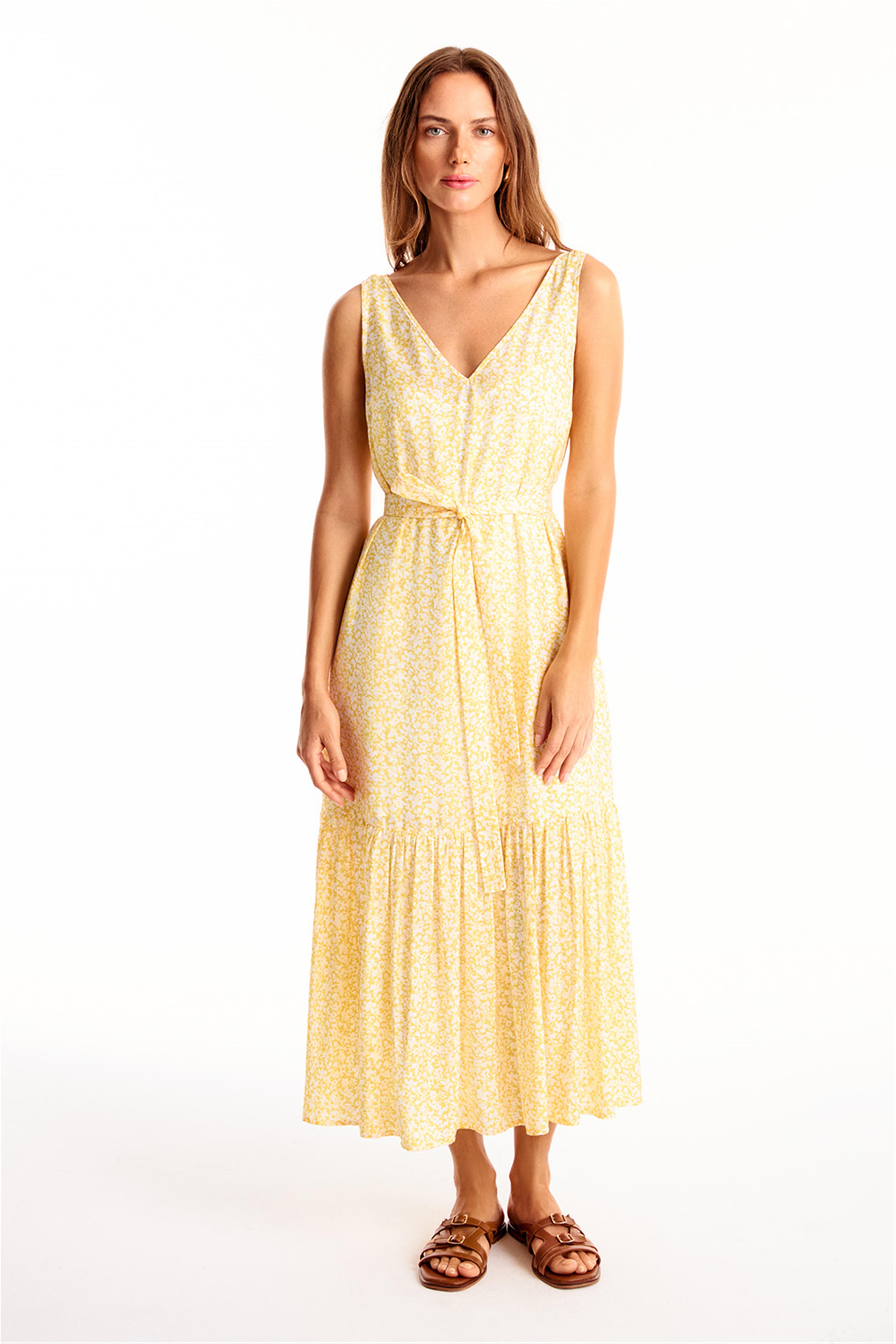 Sari Heart Rahat Kalıp Çiçekli Midi Boy Elbise