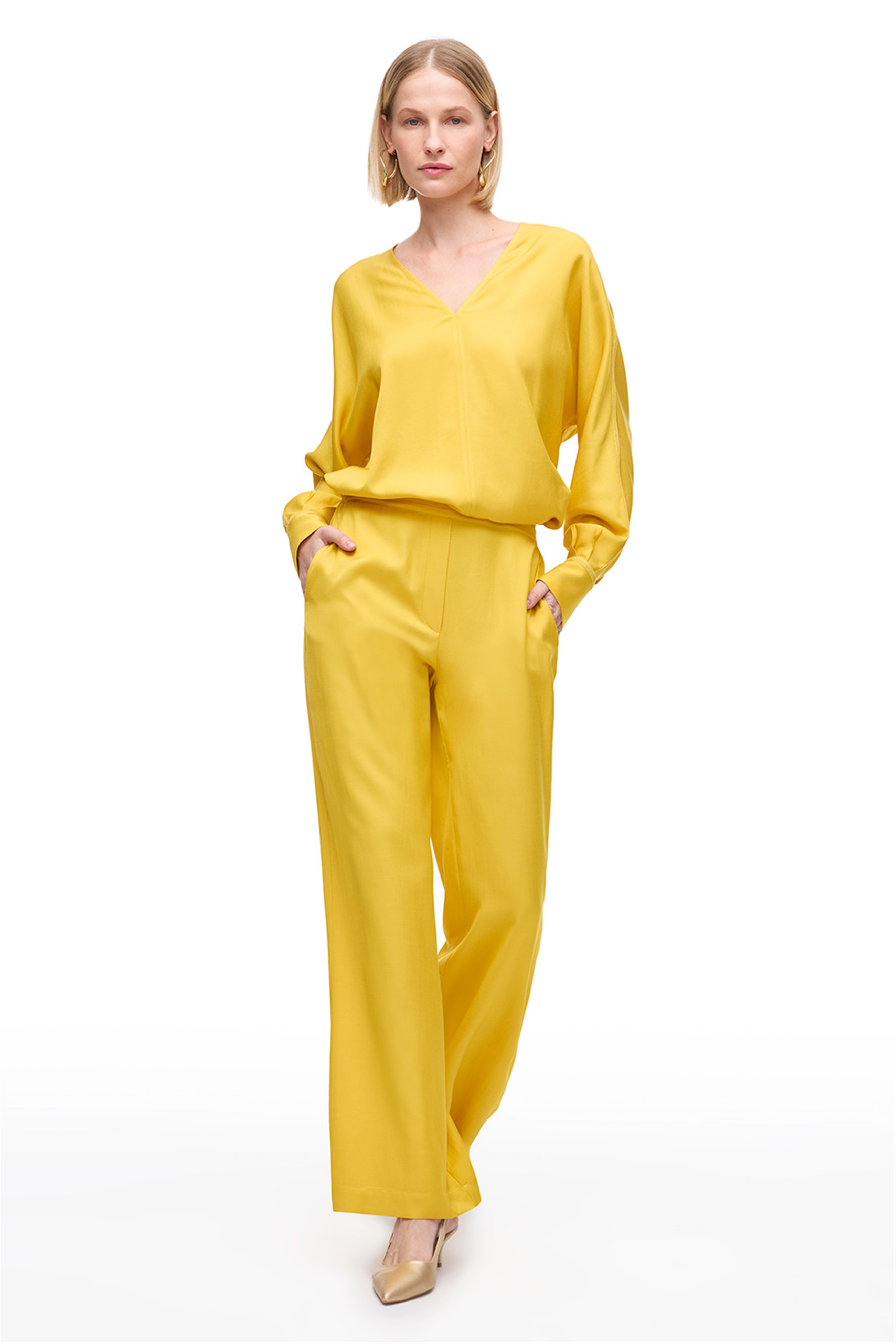 Sarı Yüksek Bel Geniş Paça Pantolon