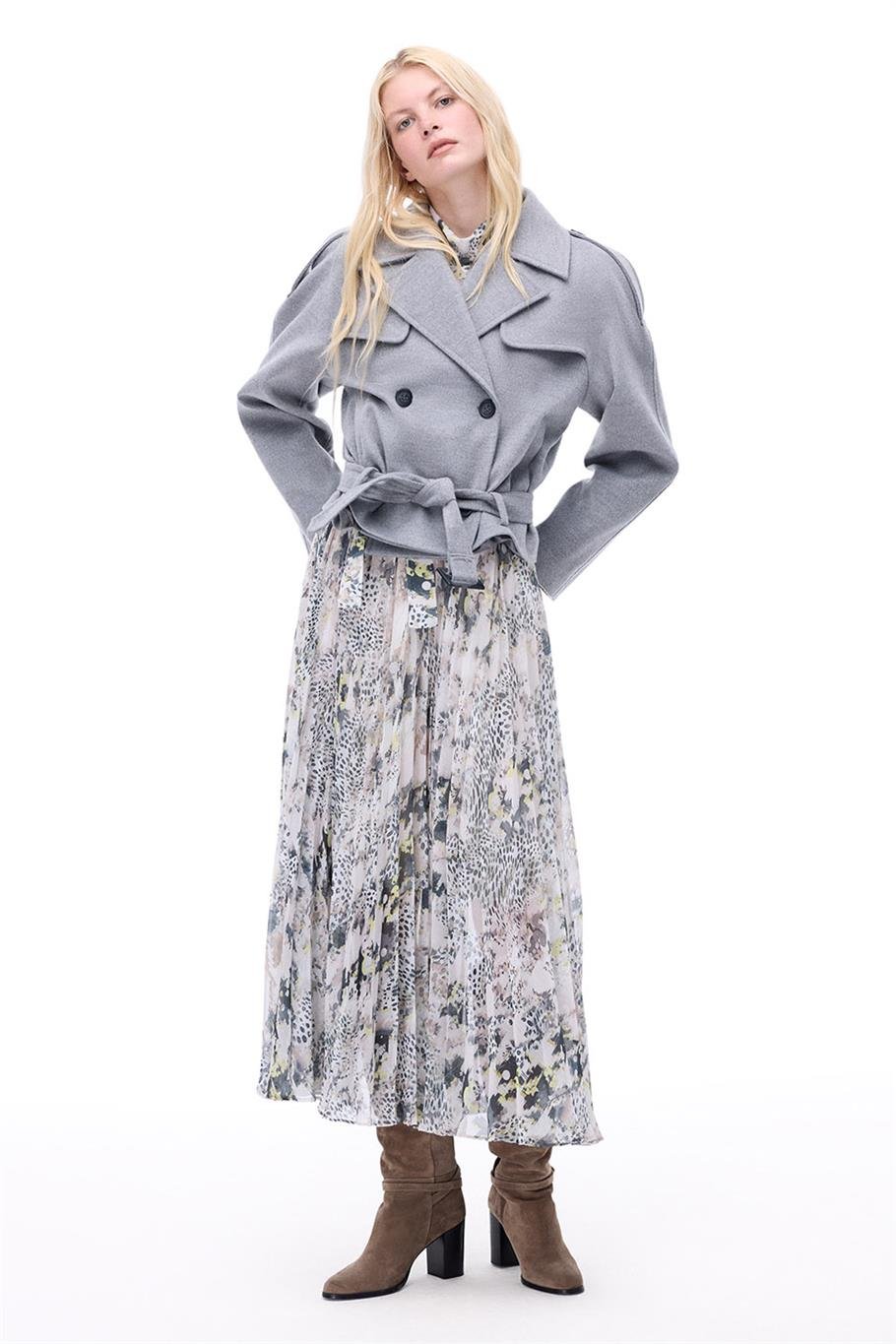 Sensorial Rahat Kalıp Kısa Boy Takma Kol Erkek Yaka Gri Melanj Renk Kadın Kaban