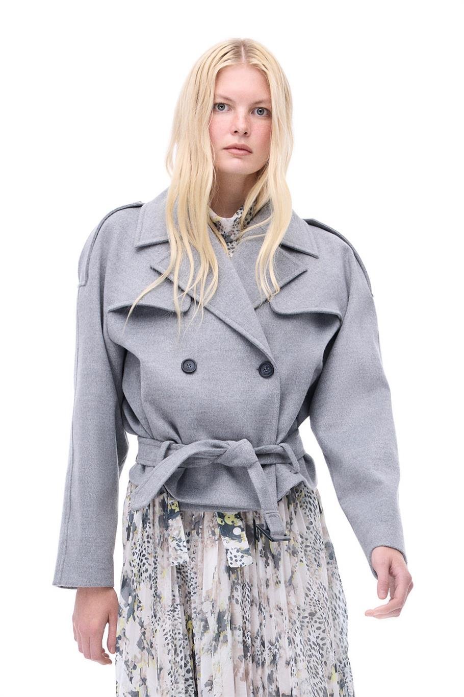 Sensorial Rahat Kalıp Kısa Boy Takma Kol Erkek Yaka Gri Melanj Renk Kadın Kaban