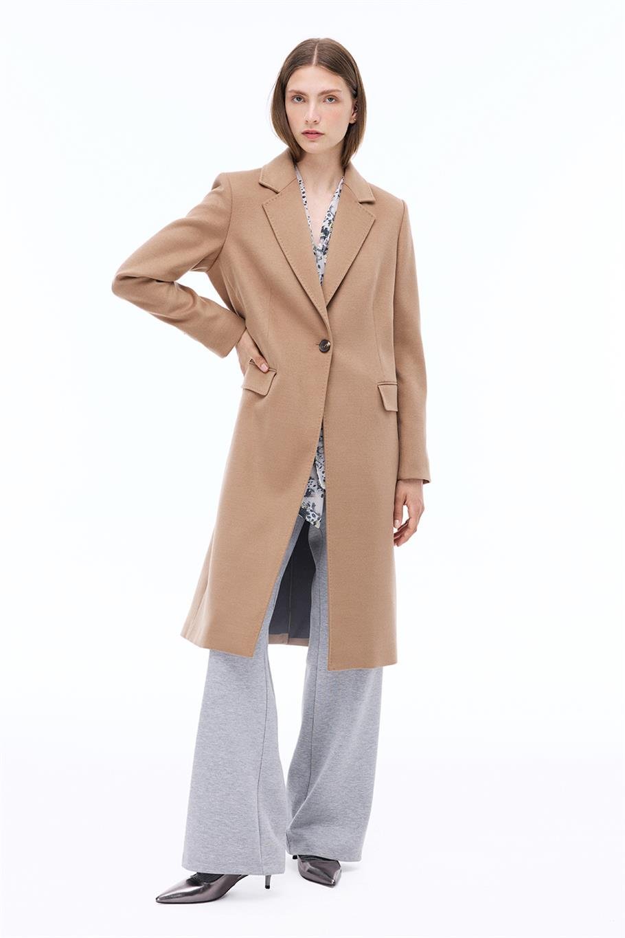 Sensorial Regular Fit Diz Üstü Takma Kol Ceket Yaka Devetuyu Kaban