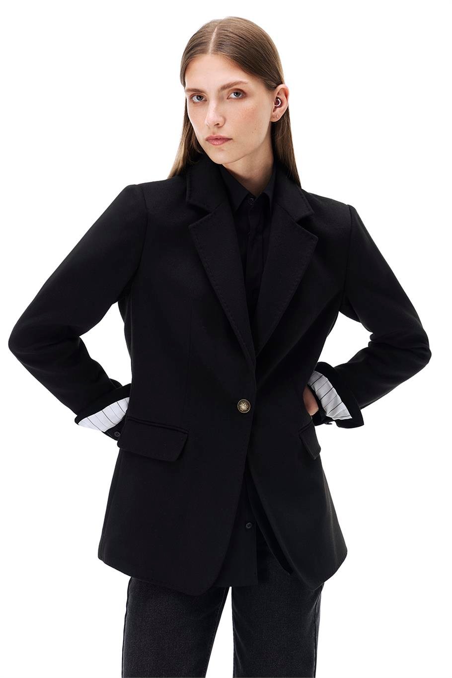 Sensorial Regular Fit Standart Boy Takma Kol Ceket Yaka Siyah Ceket