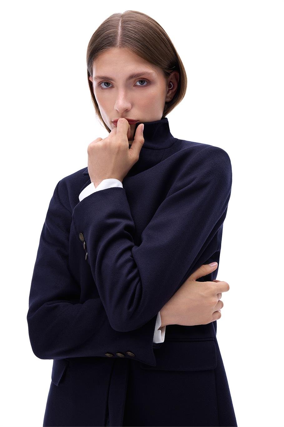 Sensorial Regular Fit Standart Boy Takma Kol Ceket Yaka Lacivert Ceket