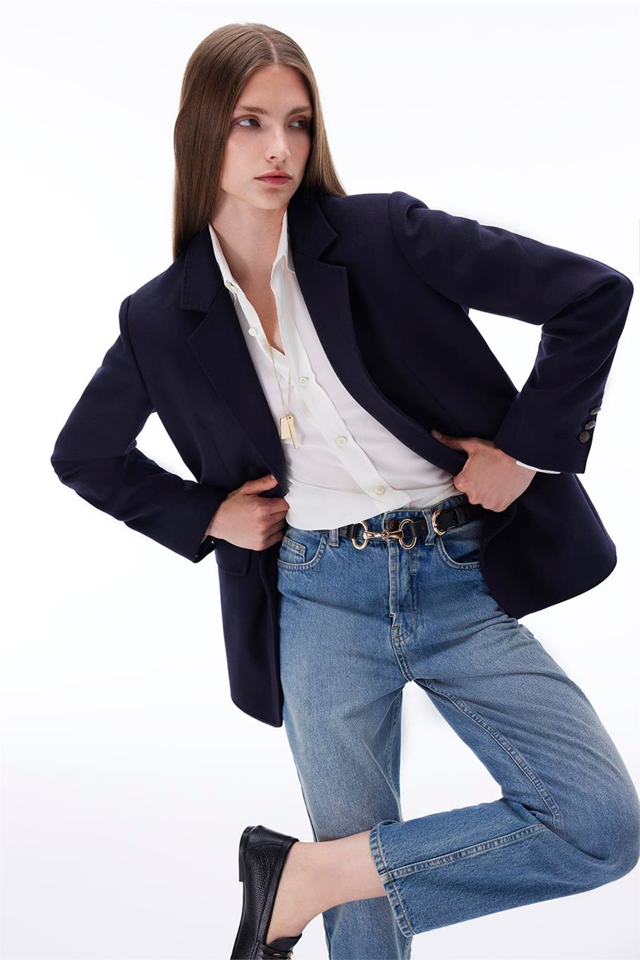 Sensorial Regular Fit Standart Boy Takma Kol Ceket Yaka Lacivert Ceket