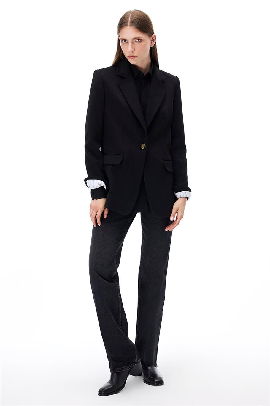 Sensorial Regular Fit Standart Boy Takma Kol Ceket Yaka Siyah Ceket