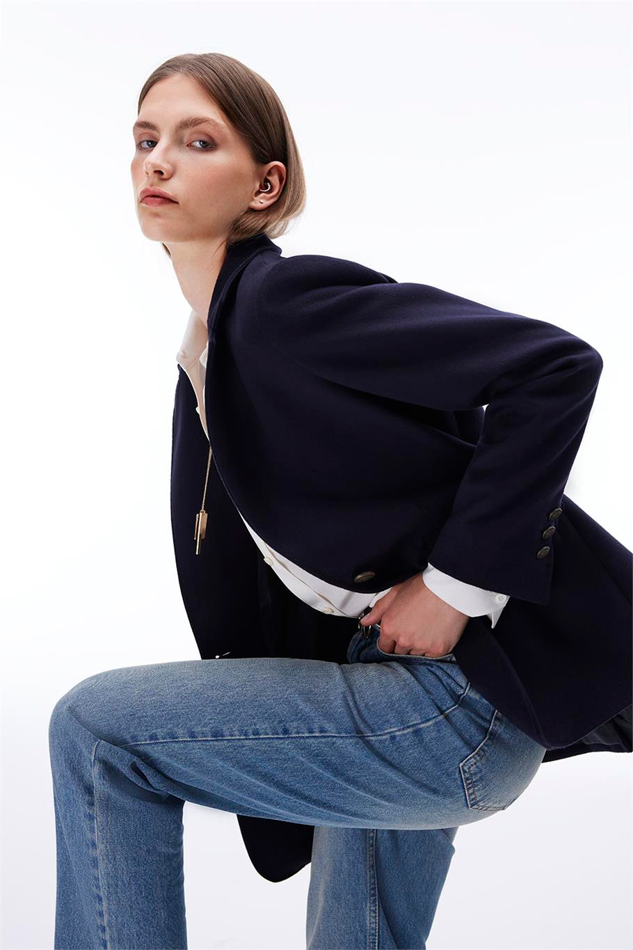 Sensorial Regular Fit Standart Boy Takma Kol Ceket Yaka Lacivert Ceket