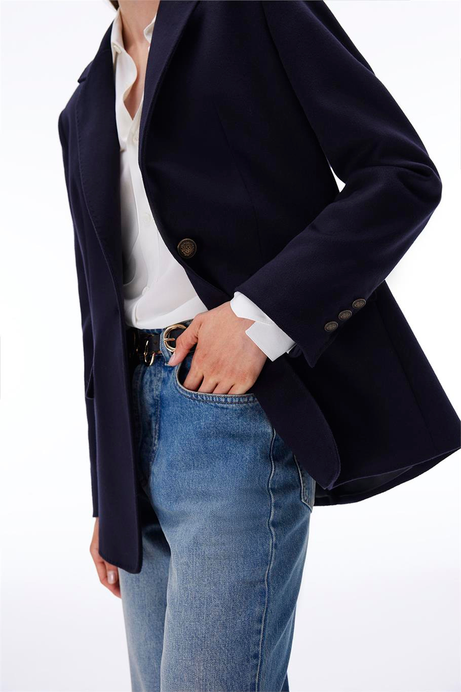 Sensorial Regular Fit Standart Boy Takma Kol Ceket Yaka Lacivert Ceket