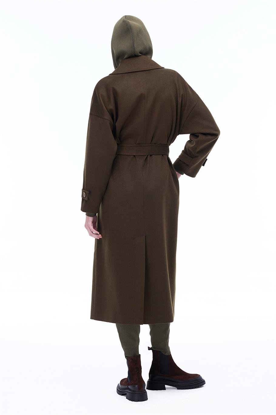 Sensorial Regular Fit Uzun Boy Takma Kol Erkek Yaka Haki Renk Kadın Kaban