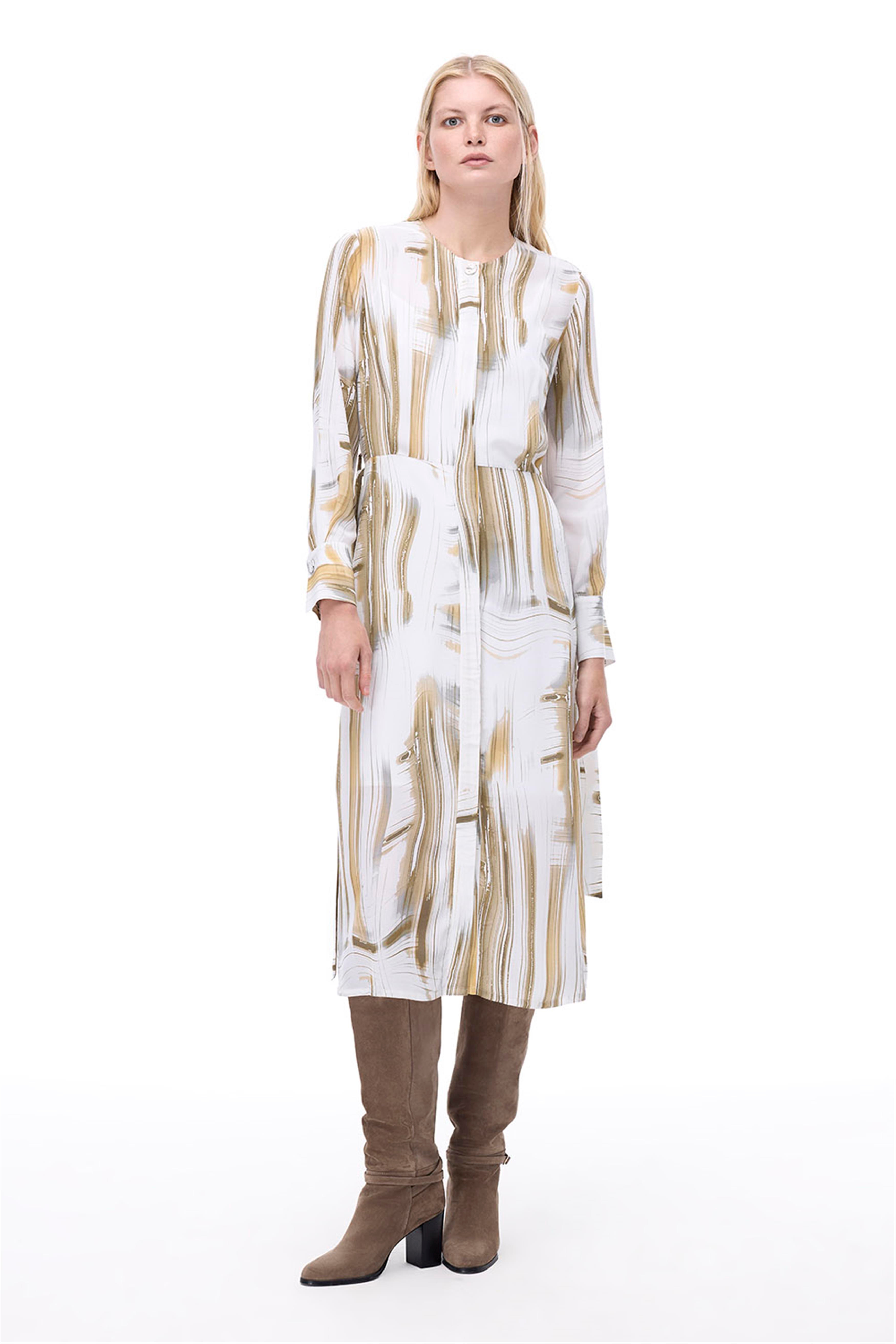 Serenity Regular Fit Soyut Desenli Midi Boy Takma Kol Bisiklet Yaka Ekru Renk Elbise