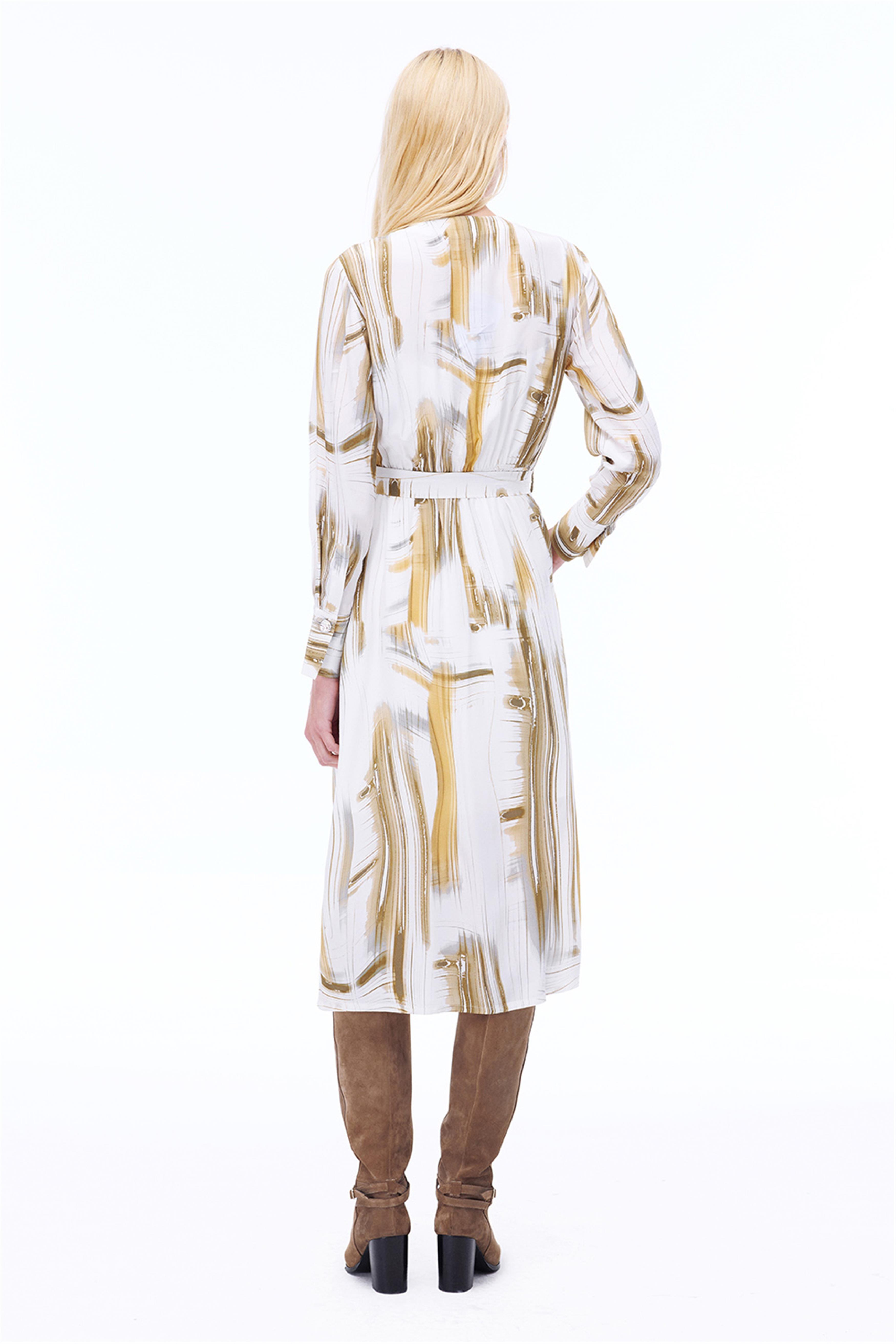 Serenity Regular Fit Soyut Desenli Midi Boy Takma Kol Bisiklet Yaka Ekru Renk Elbise