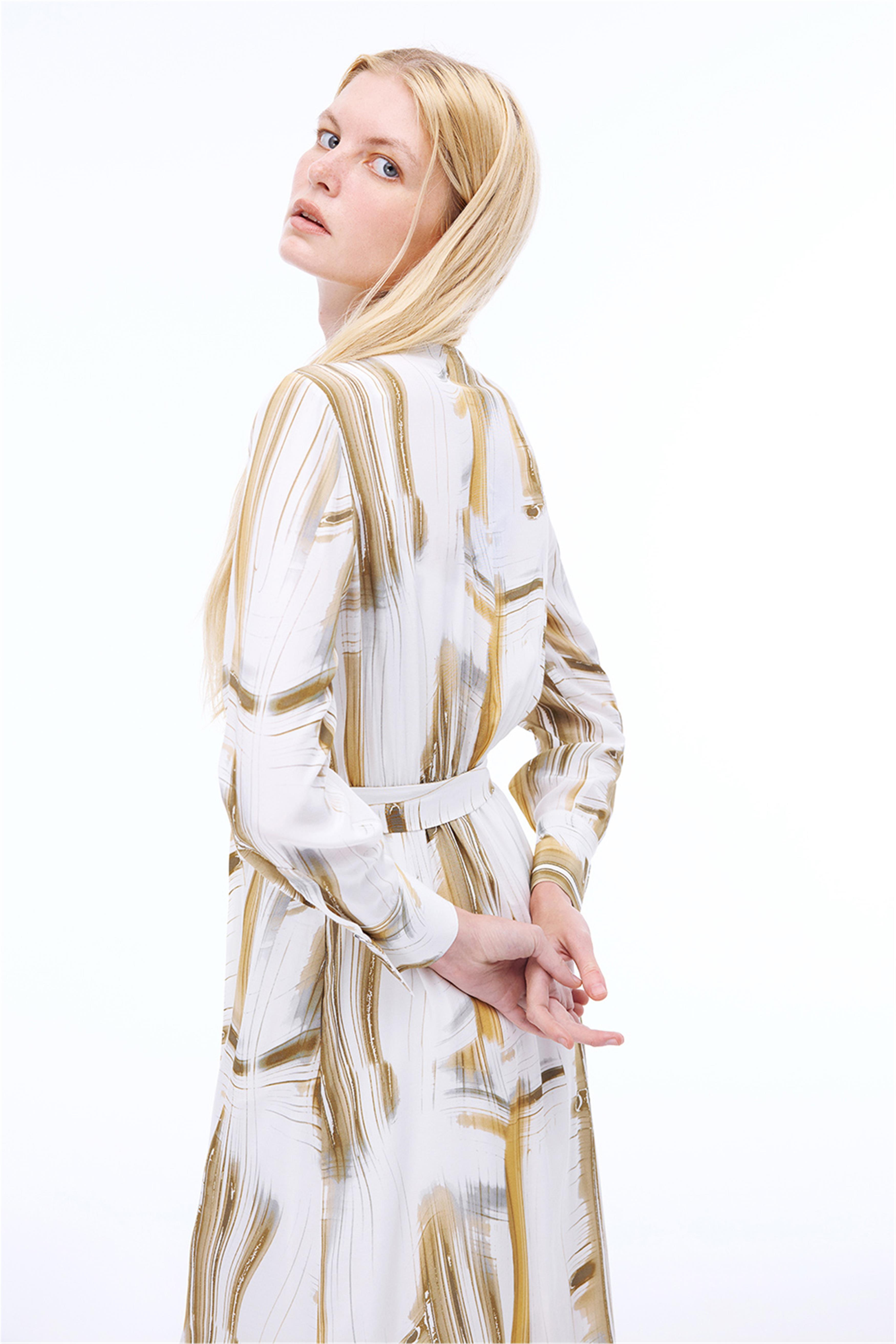 Serenity Regular Fit Soyut Desenli Midi Boy Takma Kol Bisiklet Yaka Ekru Renk Elbise