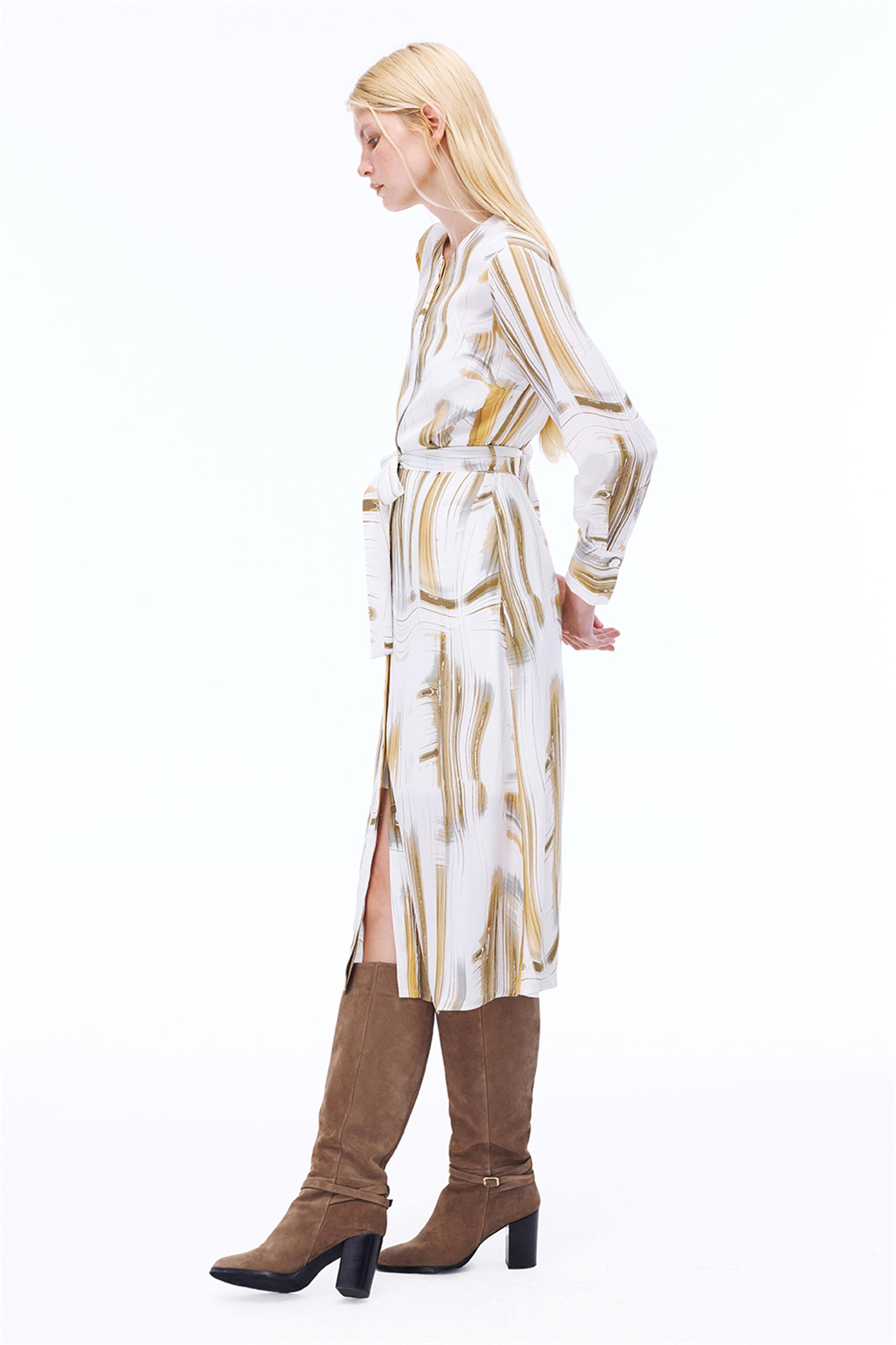 Serenity Regular Fit Soyut Desenli Midi Boy Takma Kol Bisiklet Yaka Ekru Renk Elbise