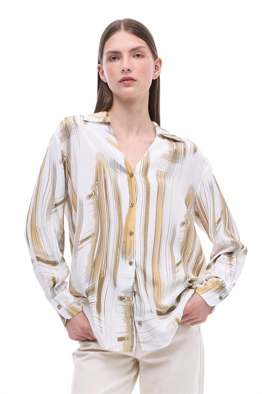 Serenity Regular Fit Soyut Desenli Standart Boy Takma Kol Gömlek Yaka Ekru Renk Kadın Gömlek