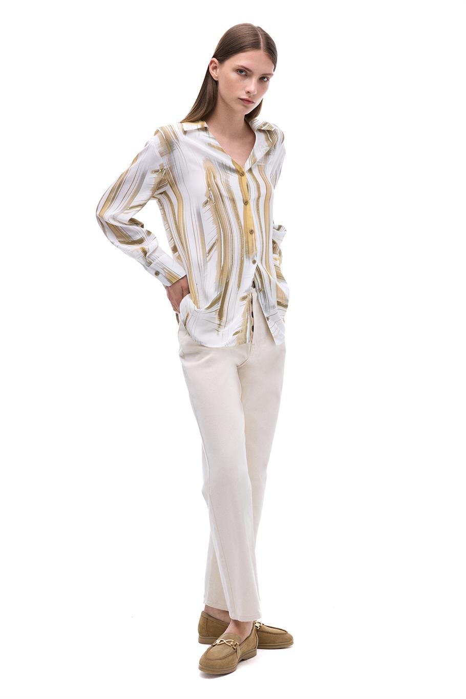 Serenity Regular Fit Soyut Desenli Standart Boy Takma Kol Gömlek Yaka Ekru Renk Kadın Gömlek