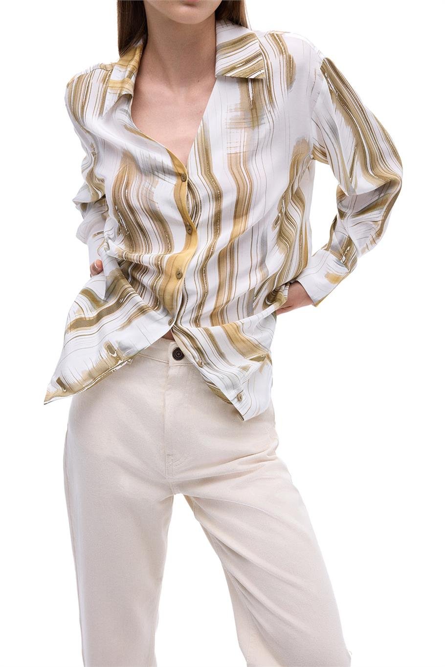 Serenity Regular Fit Soyut Desenli Standart Boy Takma Kol Gömlek Yaka Ekru Renk Kadın Gömlek