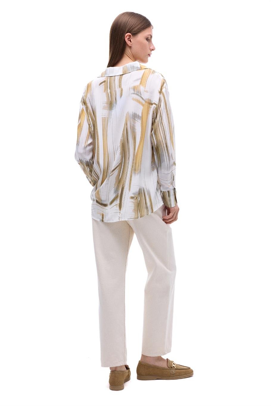 Serenity Regular Fit Soyut Desenli Standart Boy Takma Kol Gömlek Yaka Ekru Renk Kadın Gömlek