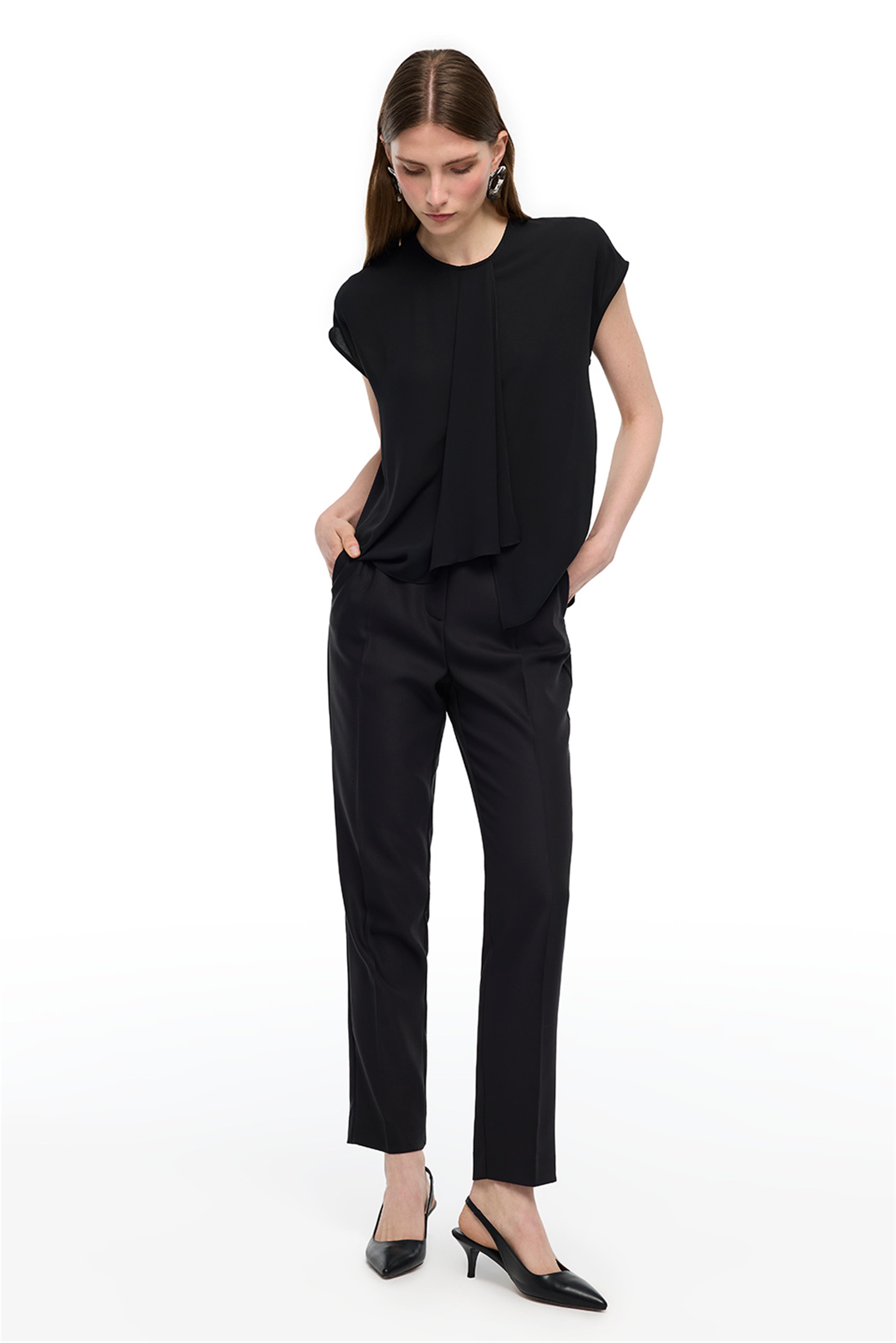 Siyah Ametist Rahat Kalıp Bisiklet Yaka Bluz