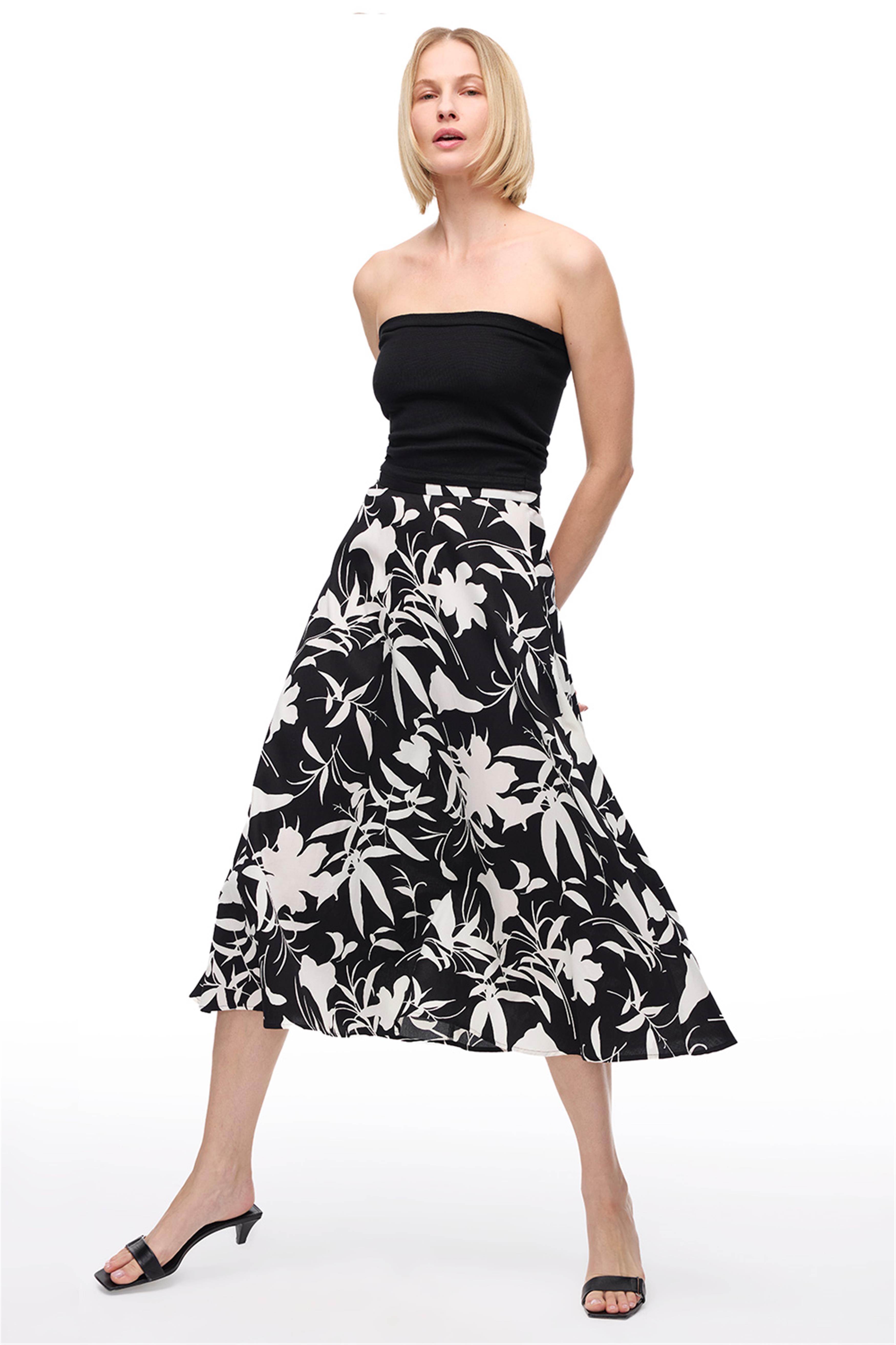 Siyah Beyaz Çiçek Desenli Midi Pamuk Etek