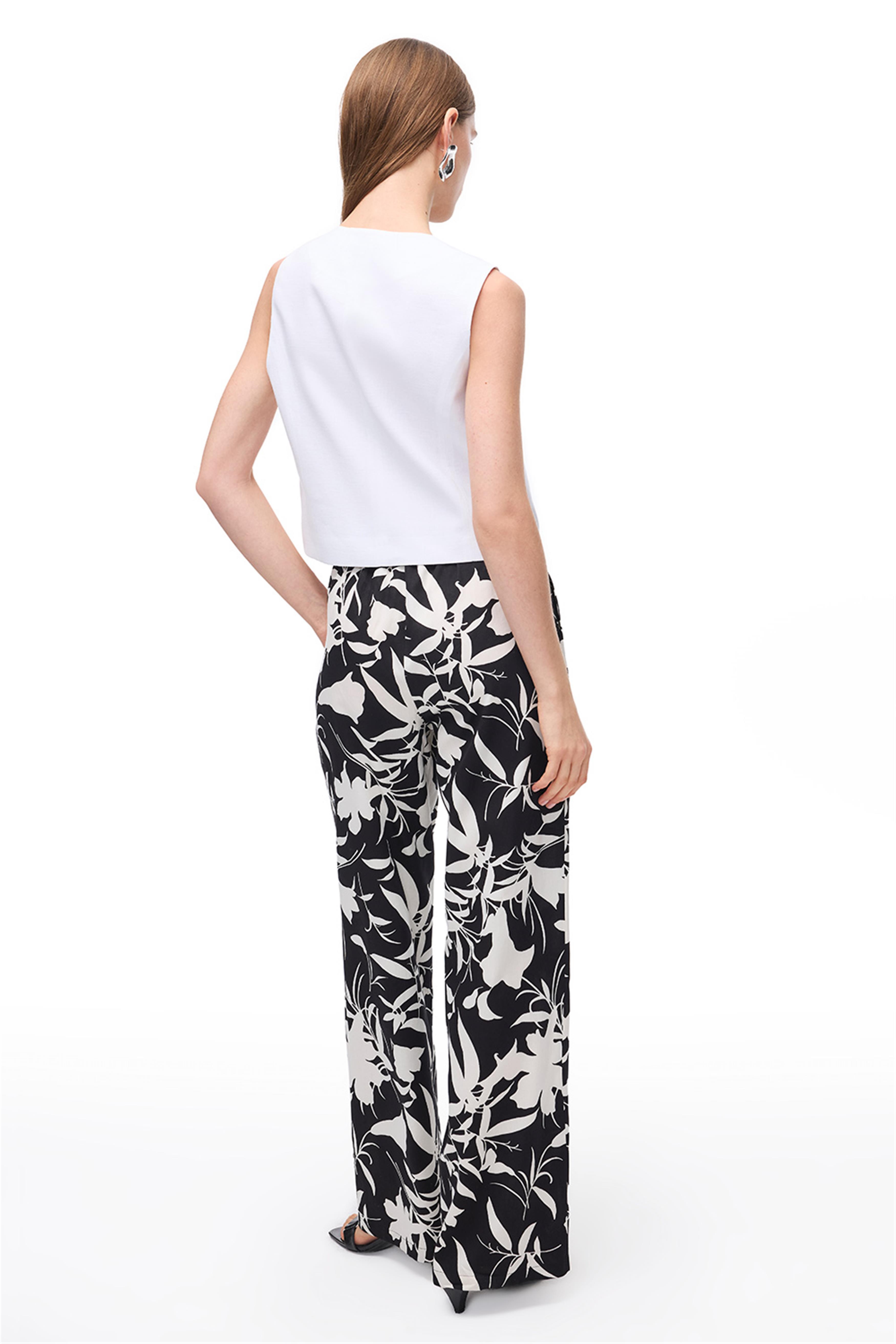 Siyah Beyaz Çiçek Desenli Pamuklu Yüksek Bel Pantolon