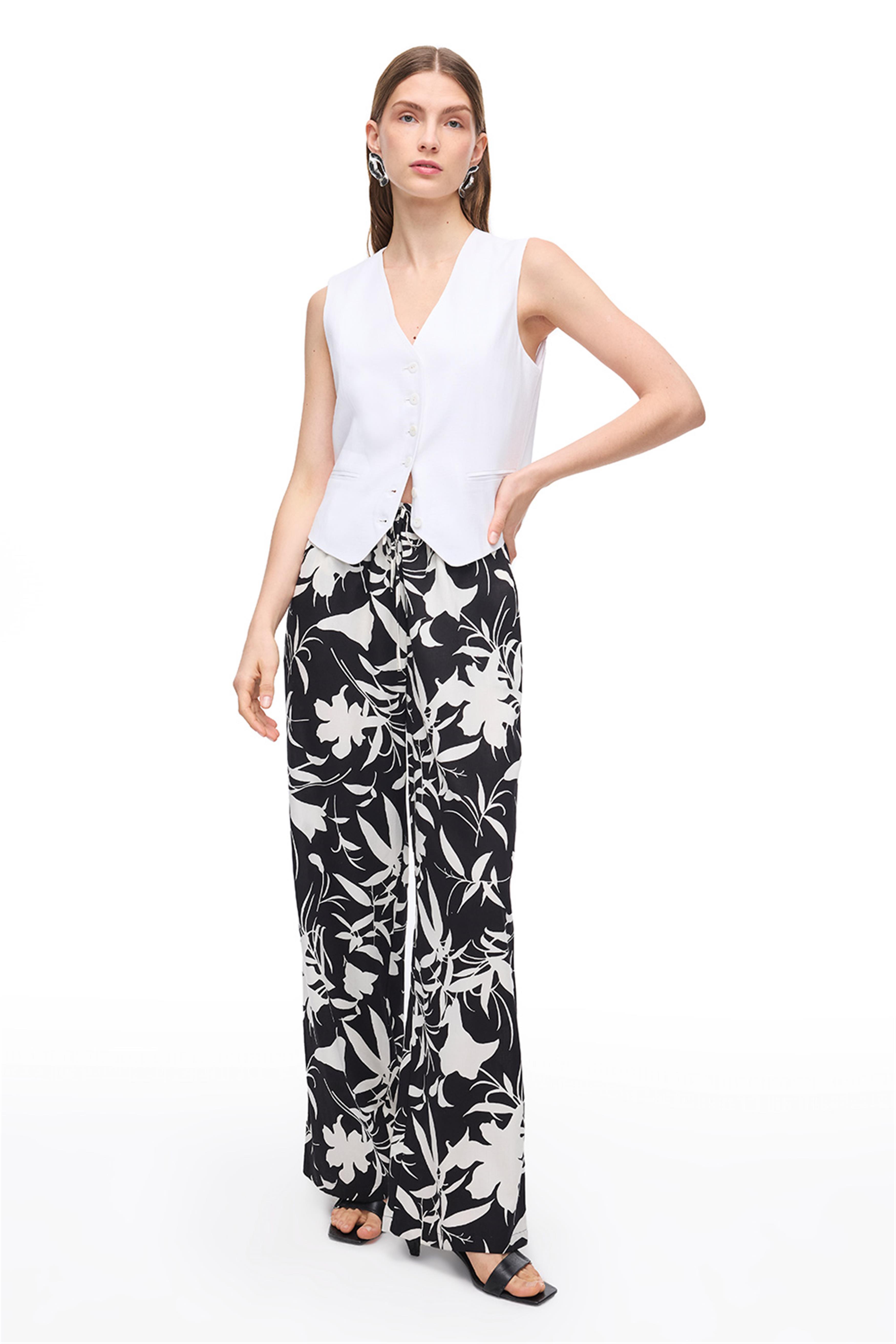 Siyah Beyaz Çiçek Desenli Pamuklu Yüksek Bel Pantolon